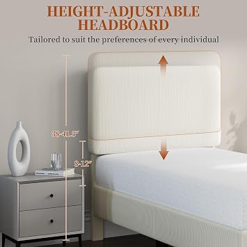 Yaheetech Twin Bed Frame, Adjustable Chenille Upholstered Headboard, Beige | Soft channel-tufted chenille headboard offers comfy support; no box spring needed on sturdy platform for quiet, modern sleep.