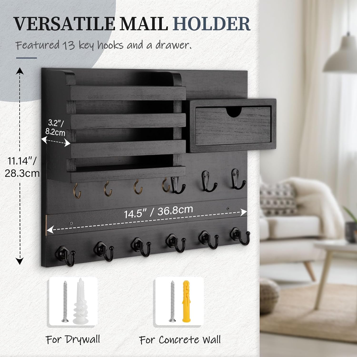 Nekon Key Holder Wall Mount, Rustic Mail and Keys Shelf for Wall Organization with 13 Hooks, Home Decor Accessory with Drawer, Black