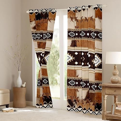 Miniatura 3 de Cortina de ventana de piel de vaca marrón, cortina de tratamiento de ventana de piel de vaca occidental, cortinas de rayas aztecas exóticas