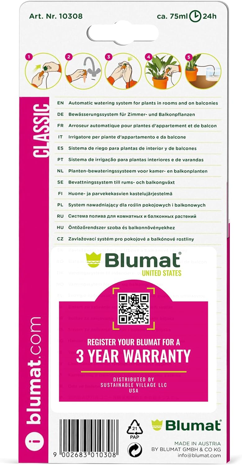Blumat Classic Self-Watering Stakes - Prevents Overwatering and Underwatering for Healthy Growth While You are Away - Ideal for Indoor Plant Watering, 6 Pack, wo Adapter