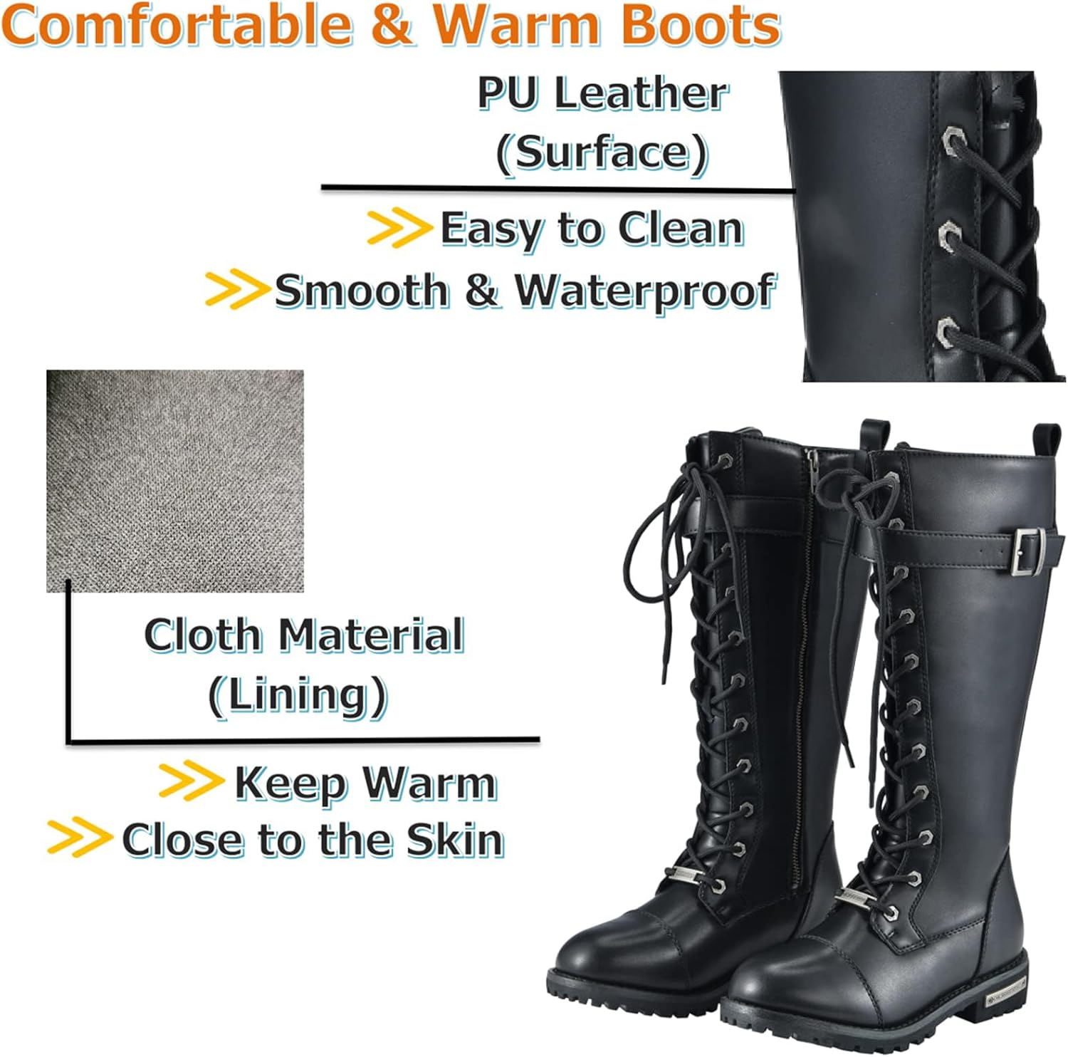 Women's Knee High Boots Black With Lace Up Design, PU Leather Motrocycle boots,Wide Calf Boots Full Side Zipper,Anti-Slip Rubber Sole,For Riding, Biker, Party, Shopping,Tall Boots With Heel