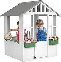 Outsunny Kids Wooden Outdoor Playhouse Cottage, White - 47x38x54 Playhouse with Door, Windows, Flower Pots, Serving Station Ages 3-8