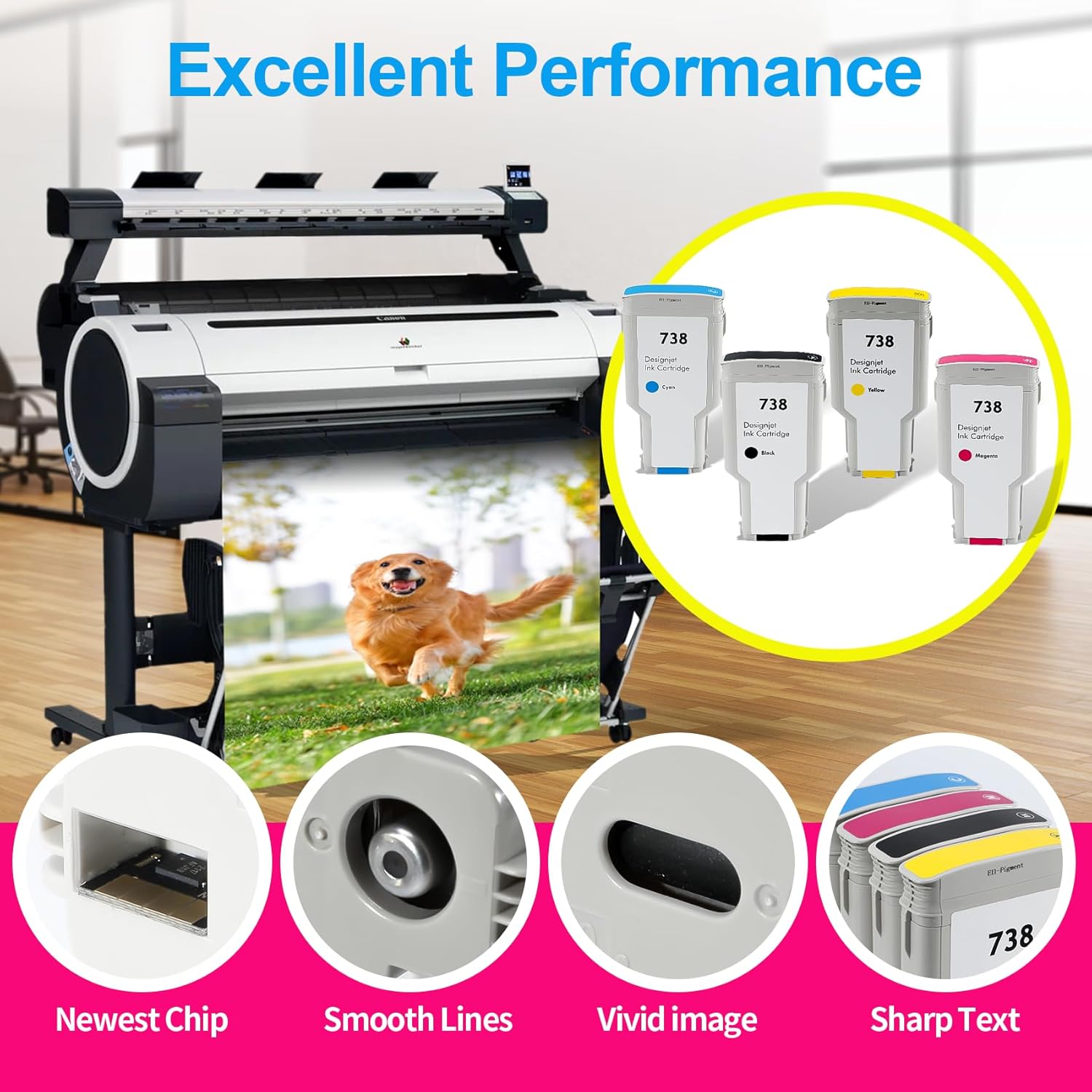 738 Ink Cartridge 300ml Compatible for DesignJet T850 T950 Printer Replacement for HP 738 Ink Cartridge 498N8A 676M6A 676M7A 676M8A 4-Pack (Black Cyan Magenta Yellow)