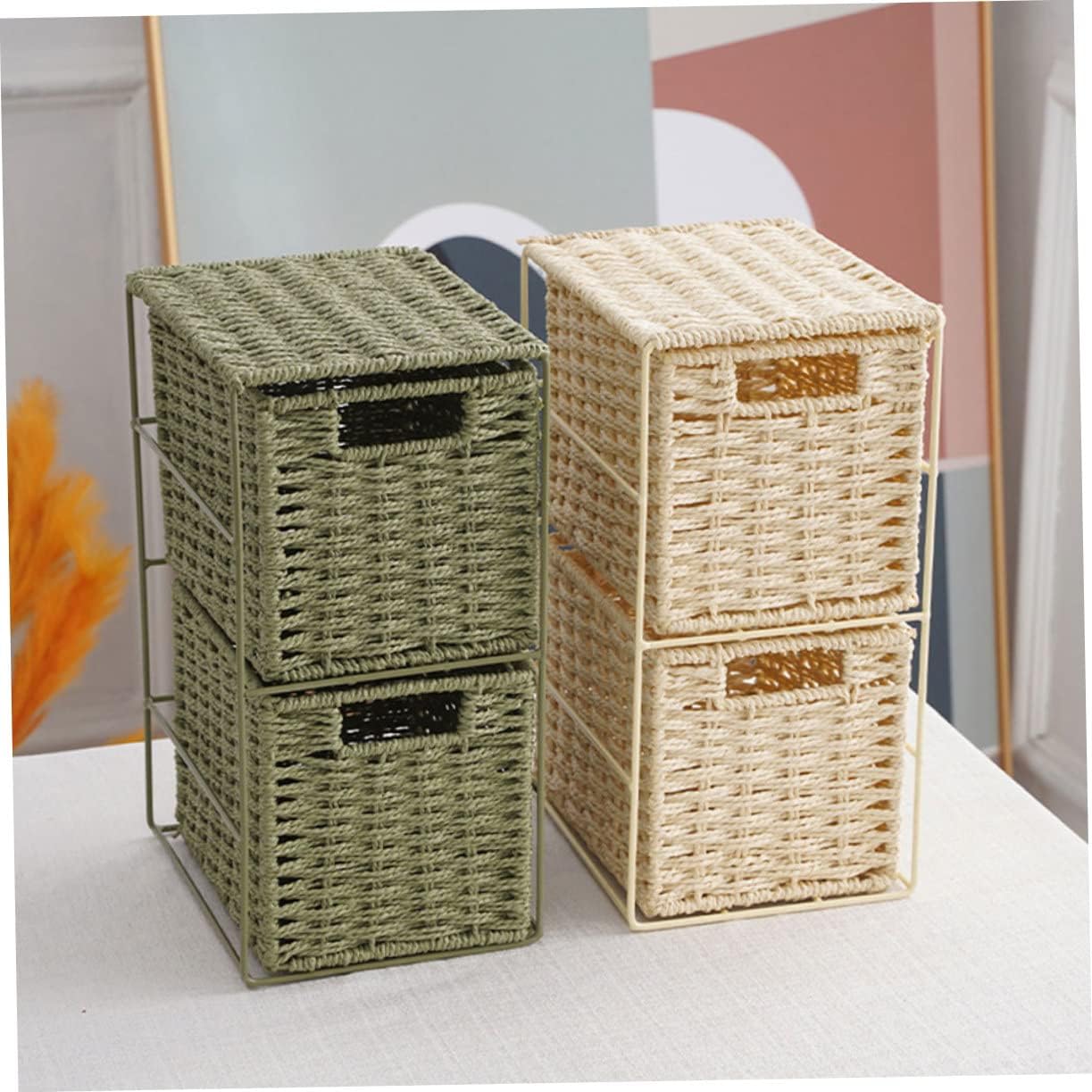 Dual-Layer Woven Storage Basket Drawers Imitation Rattan Organizer for Home Small Sundries Container for Clothes Toys and Accessories