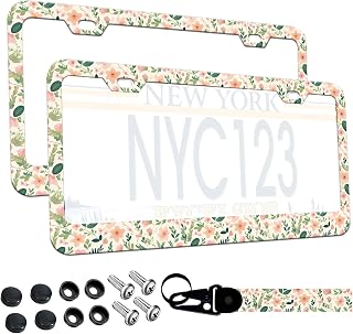 2-Pack Cute Pink Floral Green Leaves License Plate Frames for Women, 2 Holes Pink Flower and green foliage License Plate Holder, Floral License Plate Cover fits US Vehicles with Keychain Wrist Lanyard
