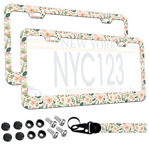 2-Pack Cute Pink Floral Green Leaves License Plate Frames for Women, 2 Holes Pink Flower and green foliage License Plate Holder, Floral License Plate Cover fits US Vehicles with Keychain Wrist Lanyard
