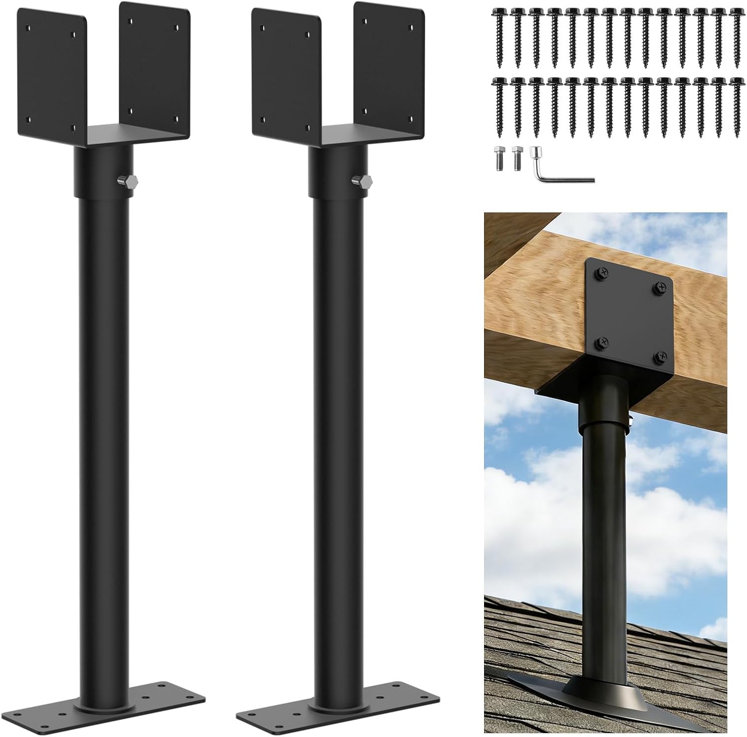 2 Pc 3.6" Heavy Duty Saddle Roof Riser Brackets for Patio Pergolas, 18" High Roof Riser, Adjustable Patio Roof Riser, Black Powder-Coated Fit 4x4, 4x6 Lumber for Patio Gazebos/Balconies