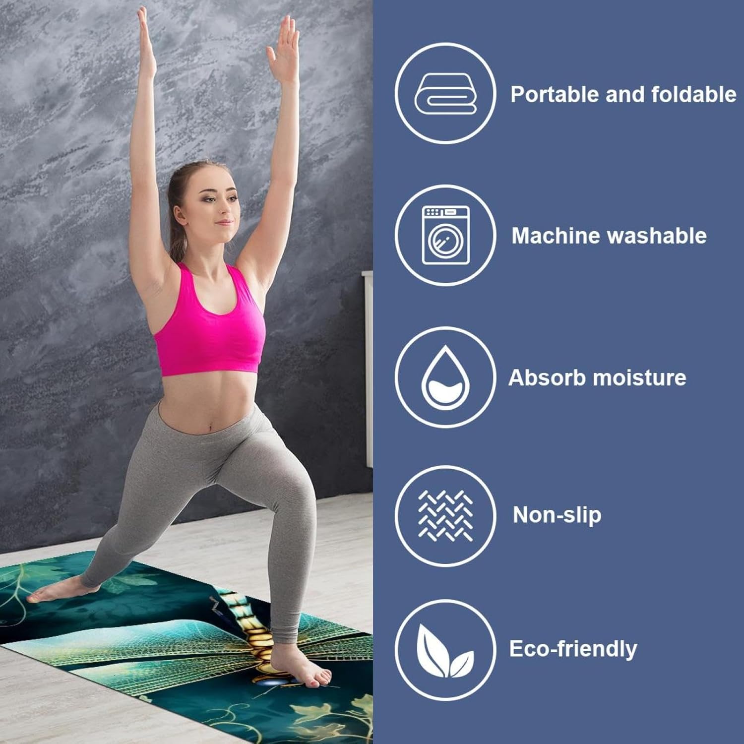 Yoga Towel, Dragonfly Pattern Non Slip Sweat Absorbent Hot Yoga Mat Towel for Hot Yoga, Pilates and Fitness - 72.8" x 26.8"