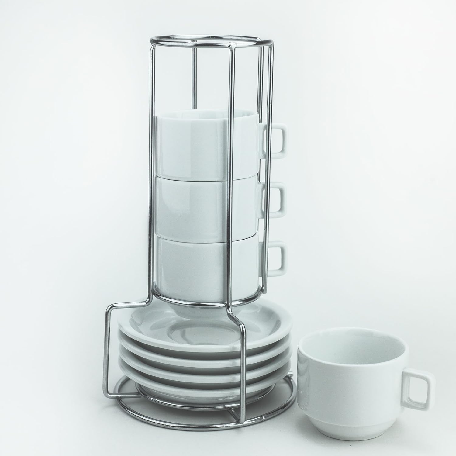 Stackable Porcelain Cappuccino Turkish Coffee Cups and Saucer with Chrome Rack (9 Piece Set) (3)