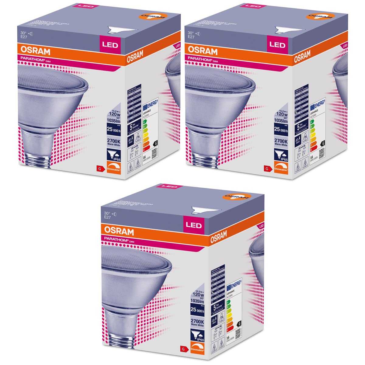 OSRAM PARATHOM DIM PAR38 LEDSPOT 30° E27 15,2W=120W 1035 lm warm white 2700K 3er