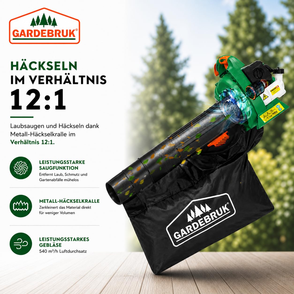 GARDEBRUK® Laubsauger 4 in 1 Benzin Blasgeschwindigkeit 68m/s Fangsack 45L inkl Werkzeug Laubbläser Häcksler Gartensauger