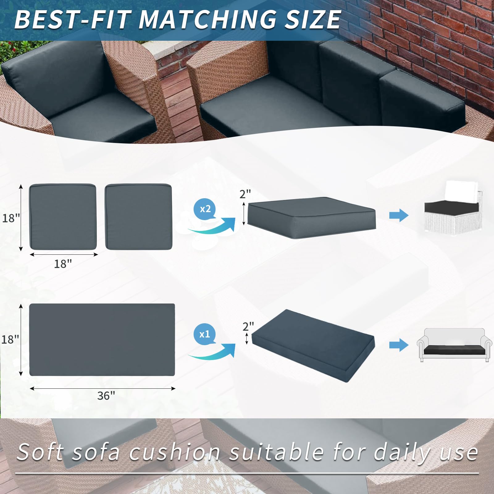 BRUXOLAY Outdoor Patio Furniture Cushion Covers, Waterproof Replacement Covers for 4-Piece Rattan Chair Wicker Furniture Set 3Pack Dark Gray 36x18 and 18x18 inches Cover Only