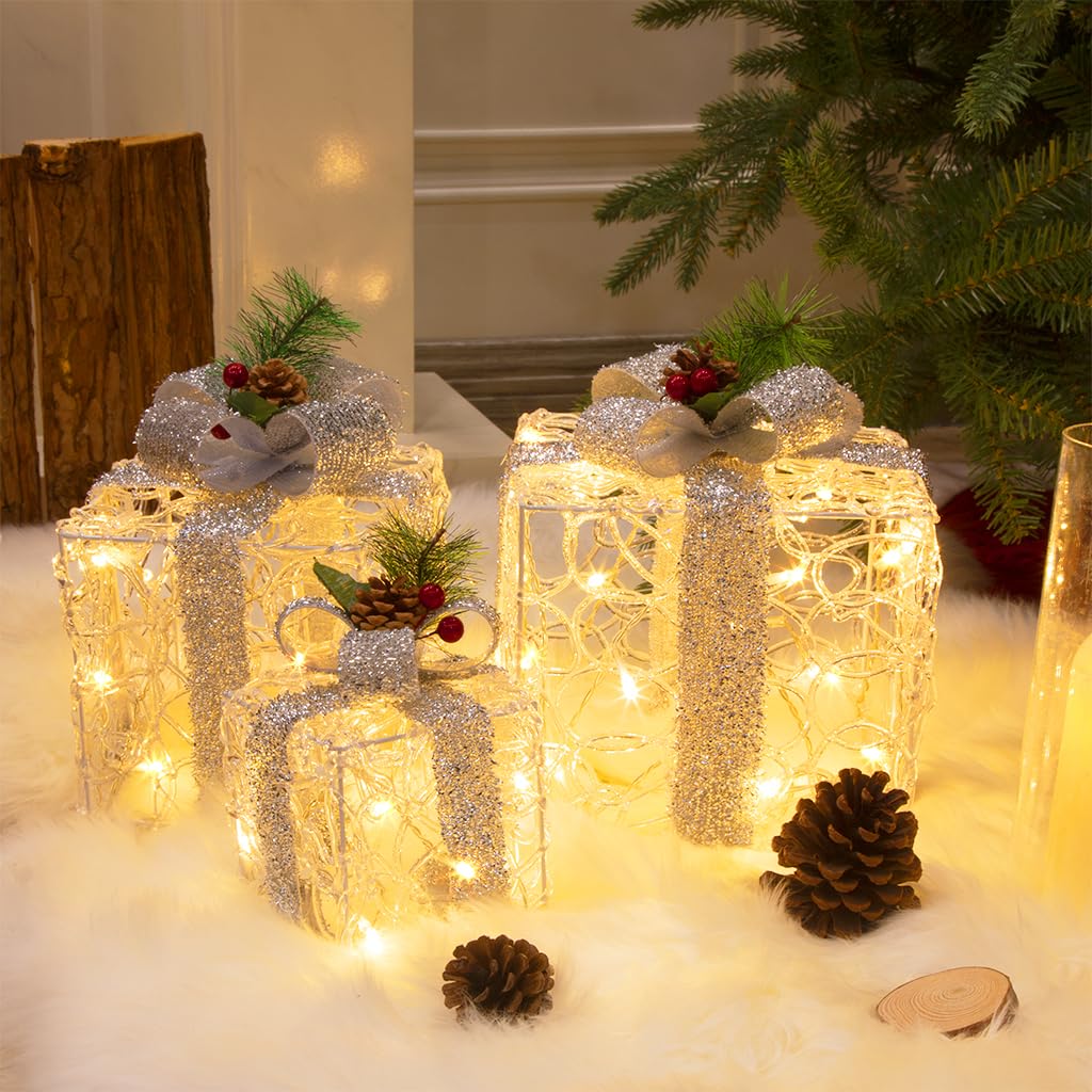Set di 3 Scatole Regalo illuminate Natale, decorazioni con luci calde a LED, ornamenti per albero di Natale con fiocchi di neve e fiocco per