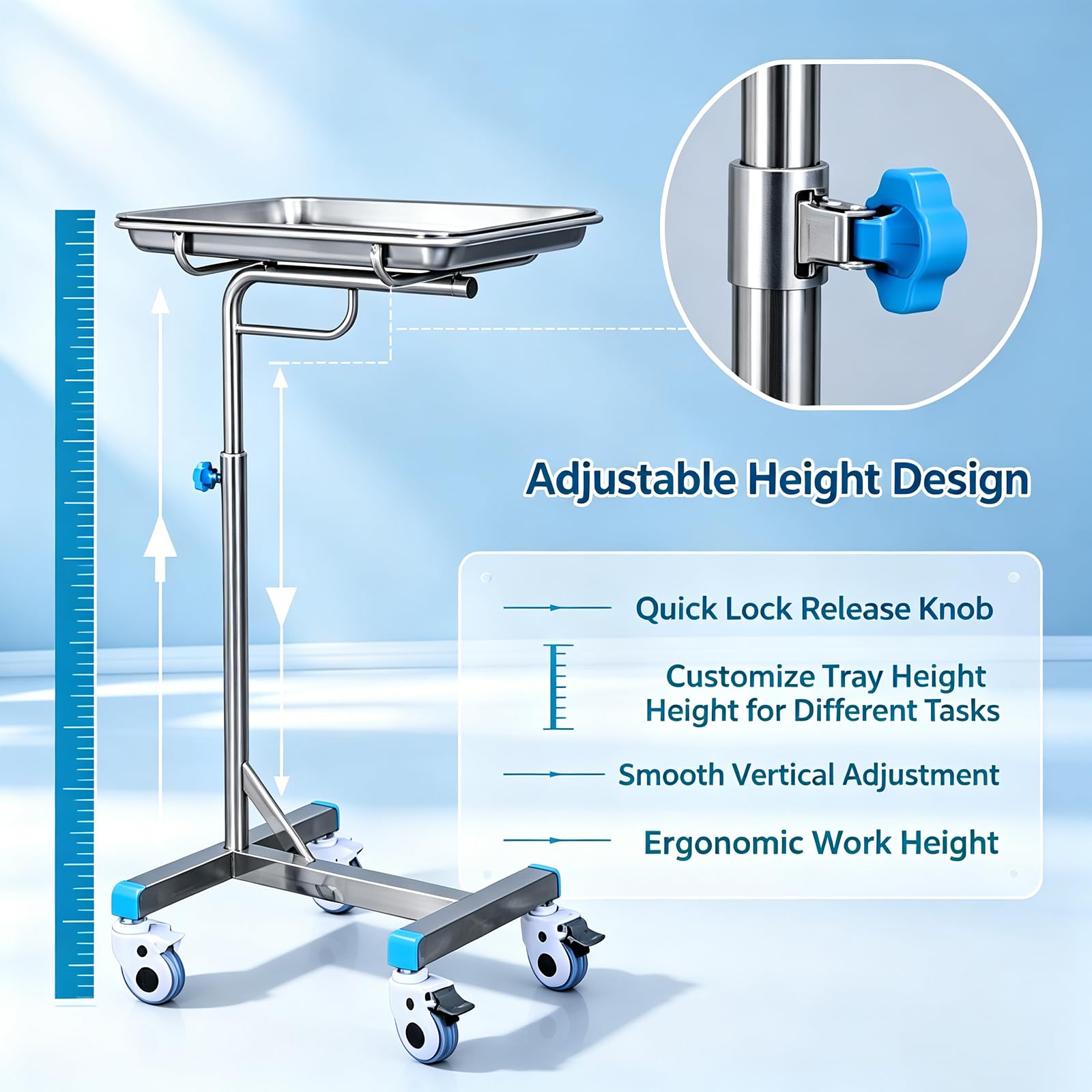 Carro Laboratorio Médico,tamaño Paleta 50*40cm,altura 85-120cm, Capacidad Carga 55libras,con Base Lastrada Tipo H Y Rueda Universal 360°,amplio Espacio Almacenamiento,carro Móvil Un Solo Poste