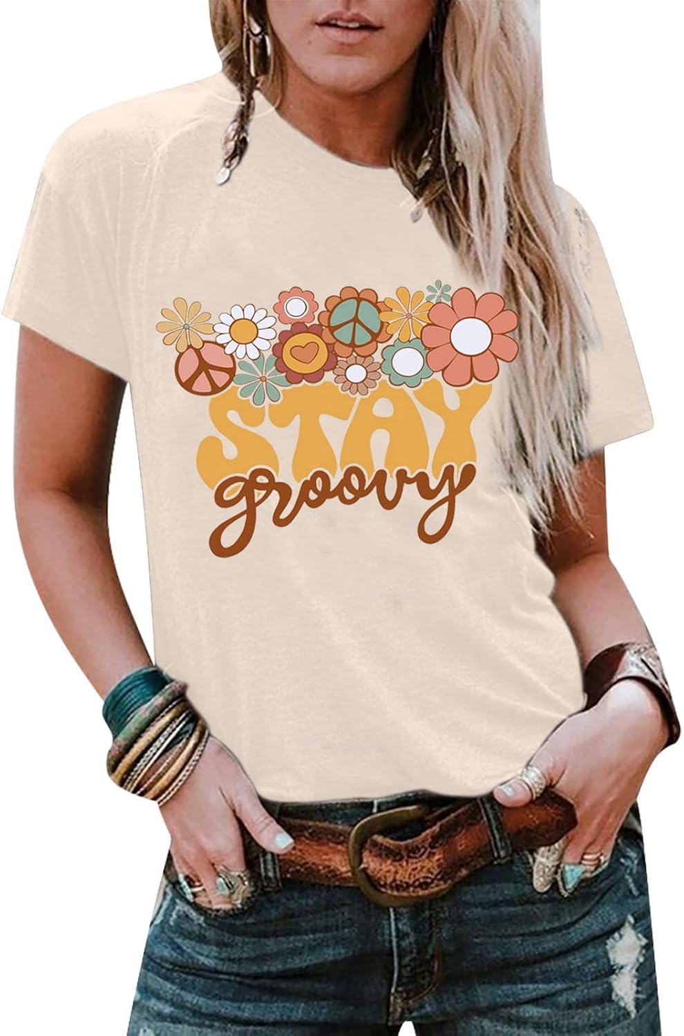 Retro Stay Groovy Shirt Womens Floral Hippie 70s Disco Outfits Casual Short Sleeve Tee Tops - Image 3