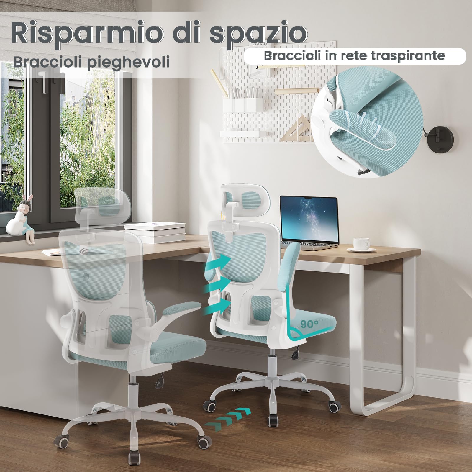 WOLTU Sedia Ufficio Ergonomica, Sedie Ufficio a Rete Traspirante, Con Supporto Lombare Adattativo a Forma Di C, Poggiatesta Regolabile, Braccioli Ribaltabili, per Scrivania, Casa, Blu