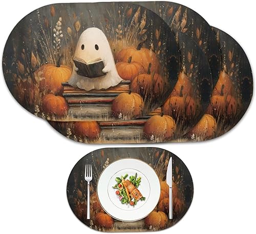 Miniatura 10 de Pumpkin Placemats Set of 4 Ghost Non Slip Washable Heat Resistant Place Mats 12x18 Inch Round Tablemats for Dining Kitchen Party Daily Table Decor