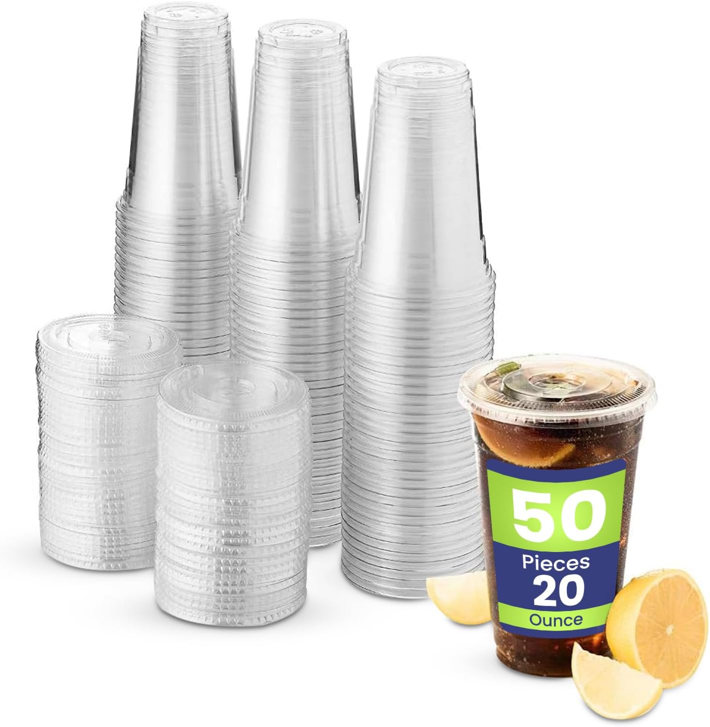 SNH 50 Pieces 20 Oz Juice Cup With Lid Clear Strong Disposable Cups - Ideal for iced coffee, smoothies, Bubble Boba tea, milkshakes, frozen cocktails, water, sodas, juices, snacks, dessert & more.