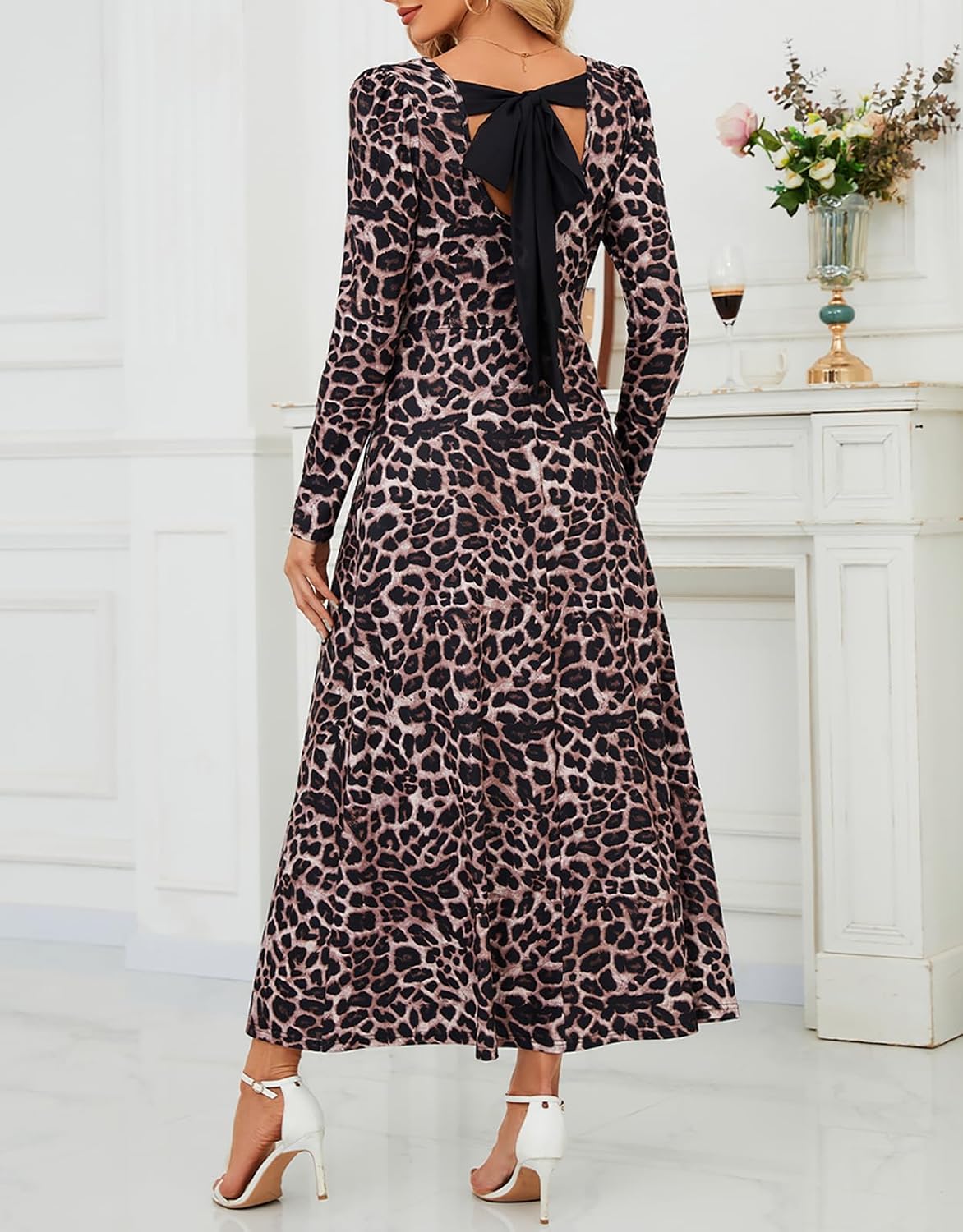 Womens Long Sleeve Dresses Casual Spring Maxi Dresses Square Neck A Line Elegant Flowy Dresses with Pockets