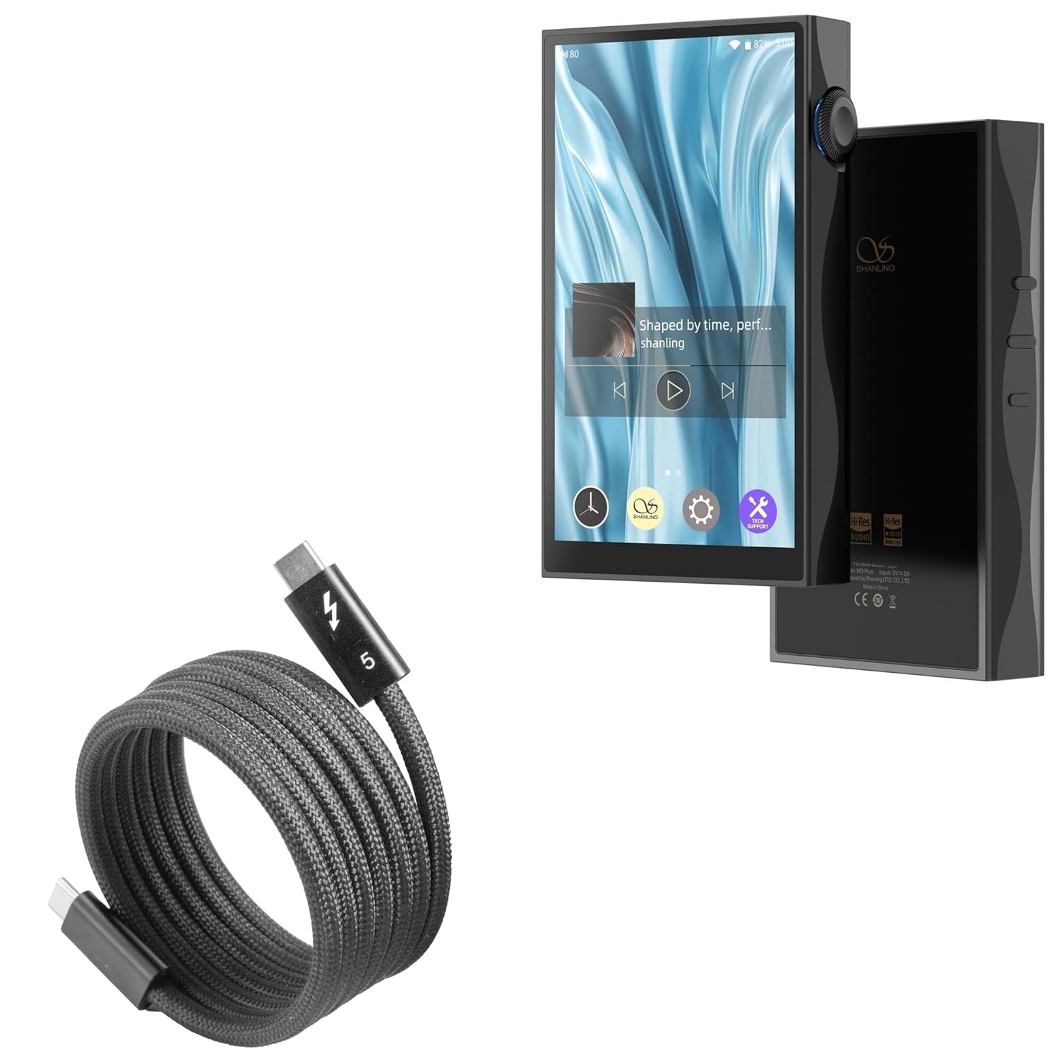 BoxWave Cable Compatible with Shanling M3 Plus - SnapWrap Thunderbolt 5.0 Cable (5ft 240W), Magnetic Self-Coiling Nylon Braided Retractable - Jet Black