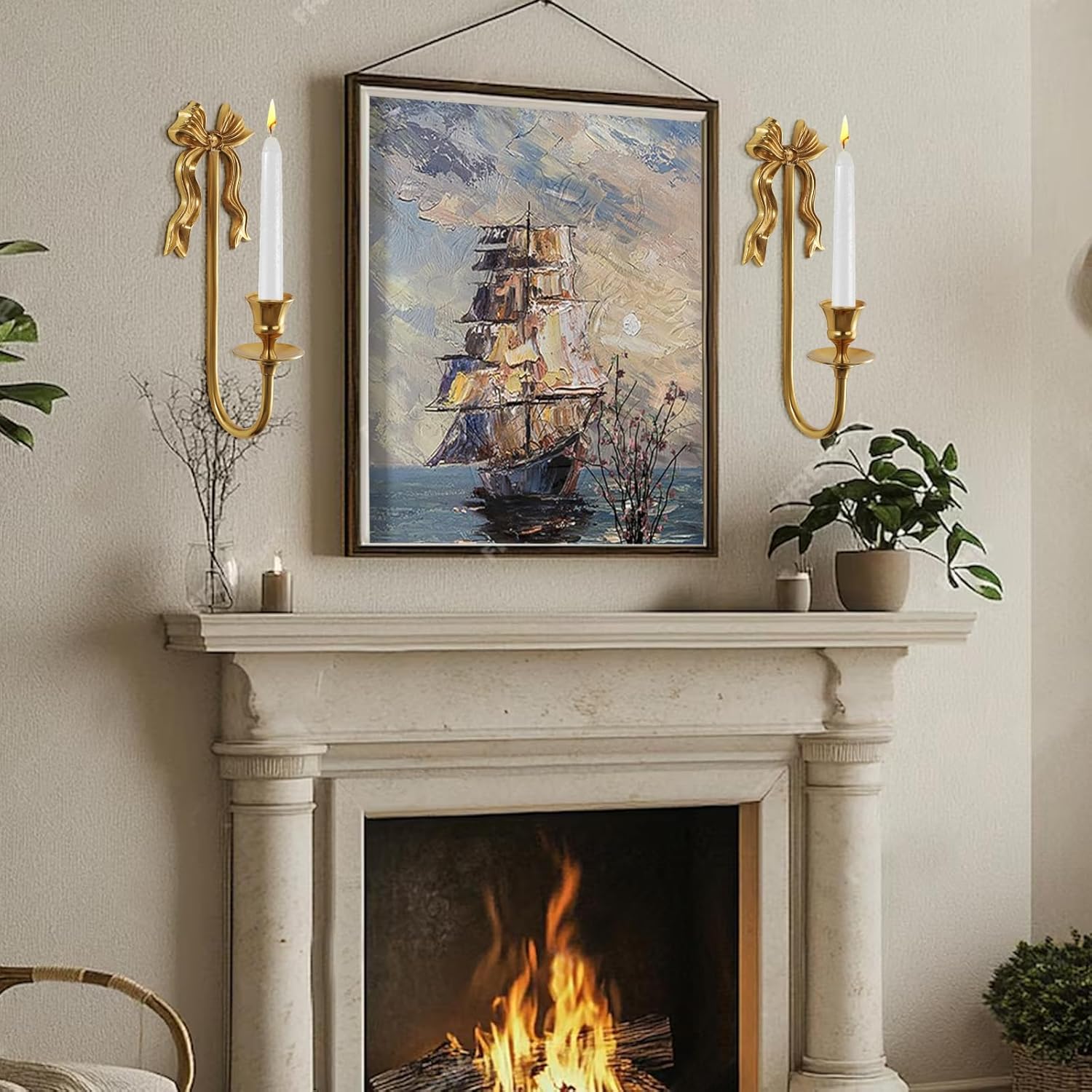 Vintage Gold Bow Candle Holders Set of 2, Solid Brass Wall Mounted Tapered Candle Sconce, Candle Holder Wall Decor for Living Room, Bedroom and Hallway