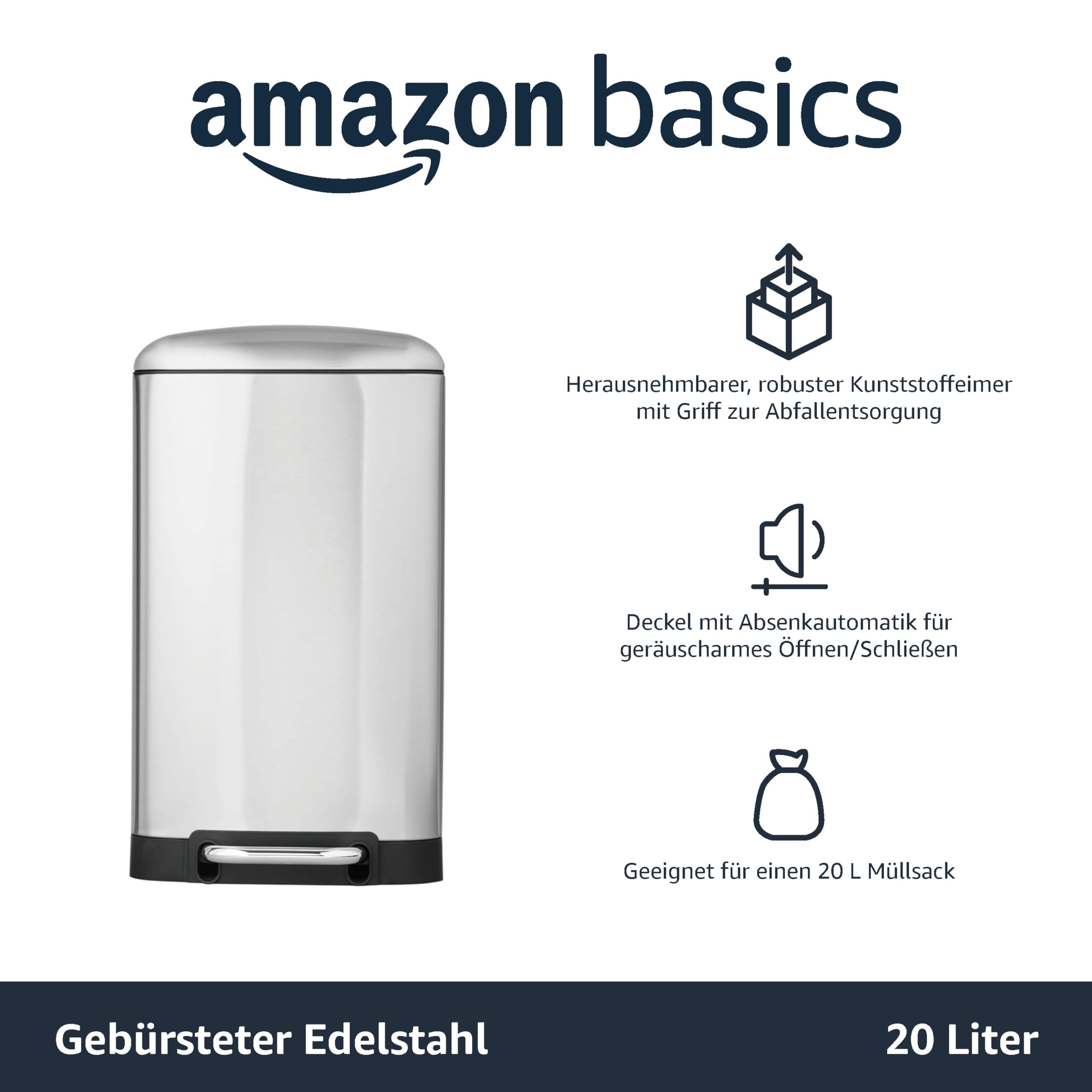 Amazon Basics Mülleimer, schmutzabweisend, rechteckig, mit sanft schließendem Fußpedal, für Badezimmer, Schlafzimmer, Wohnzimmer oder Büro, Nickel, 20 l