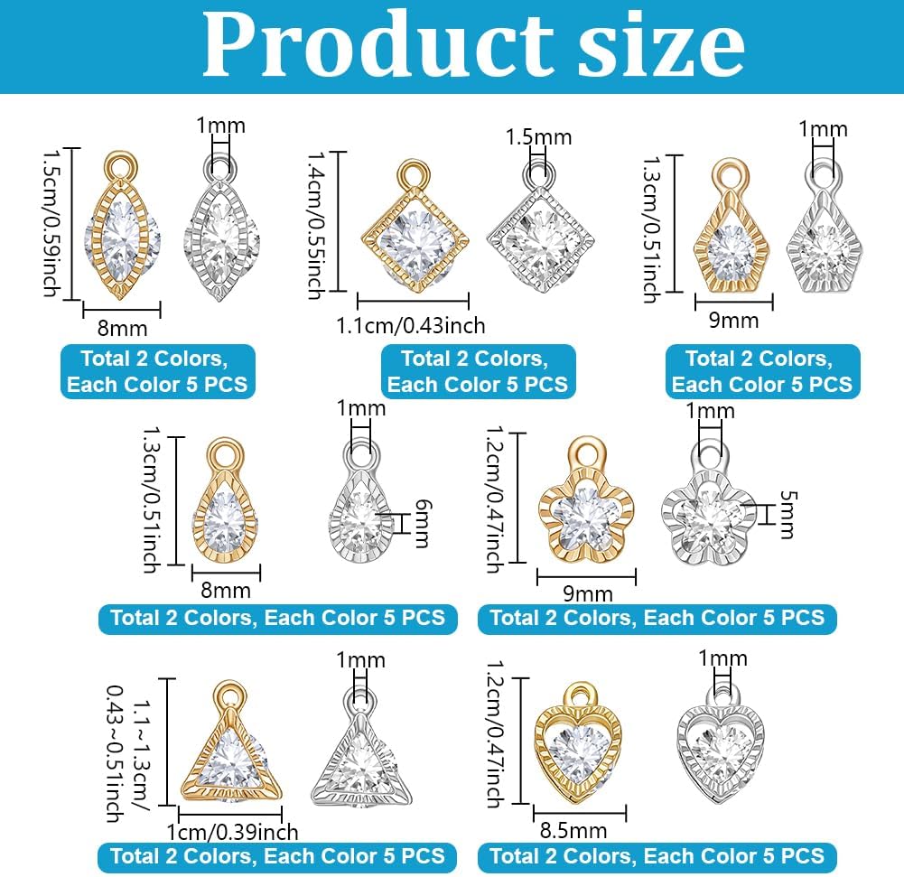 PH PandaHall 70pcs 7 Styles Zirconia Alloy Charms Golden Silver Heart/Flower/Horse Eye/Teardrop/Triangle Charms Sets for Earring Bracelet Necklace Jewelry Making