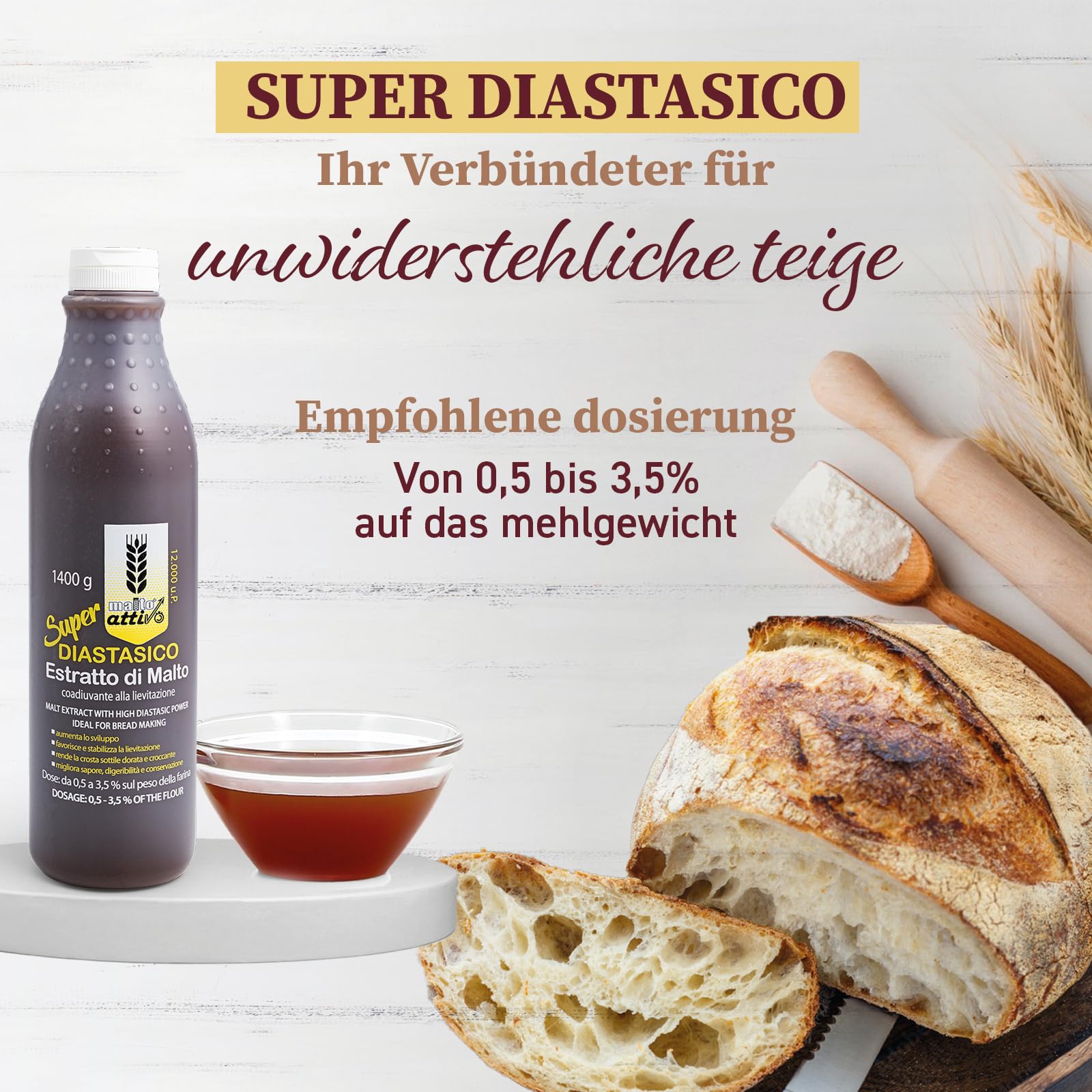 Malto Attivo - Super Diastasico 1400 g, Malzextrakt mit hohem diastatischem Vermögen, Gersten- und Maismalz – Ideal zum Backen, 12.000 Einheiten, Pollak, Hergestellt in Italien