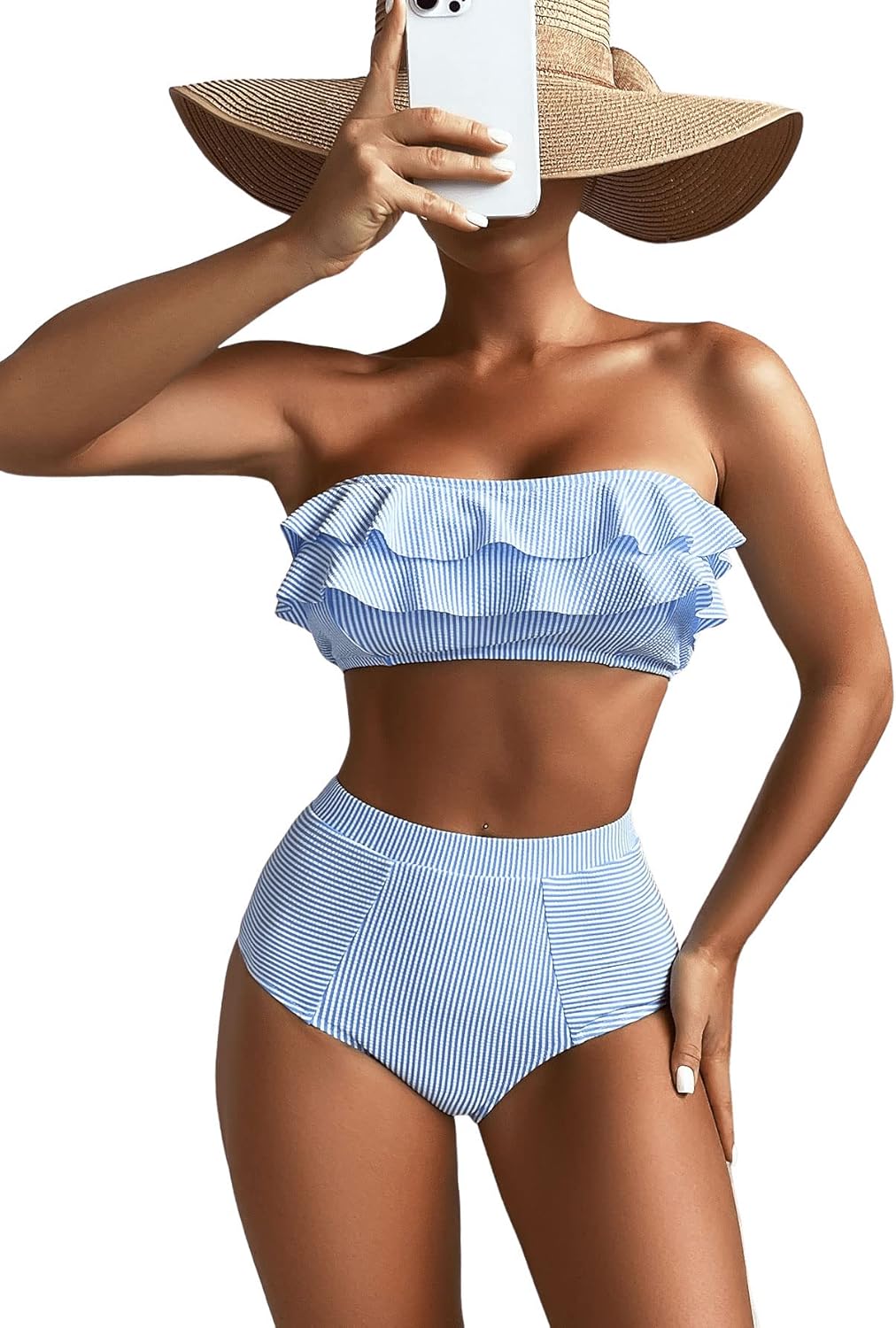Floerns Women's Ruffle Trim Bandeau High Waist Striped Print 2 Piece Bikini Set
