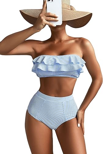 Floerns Conjunto de bikini de 2 piezas con estampado de rayas de cintura alta y ribete con volantes para mujer