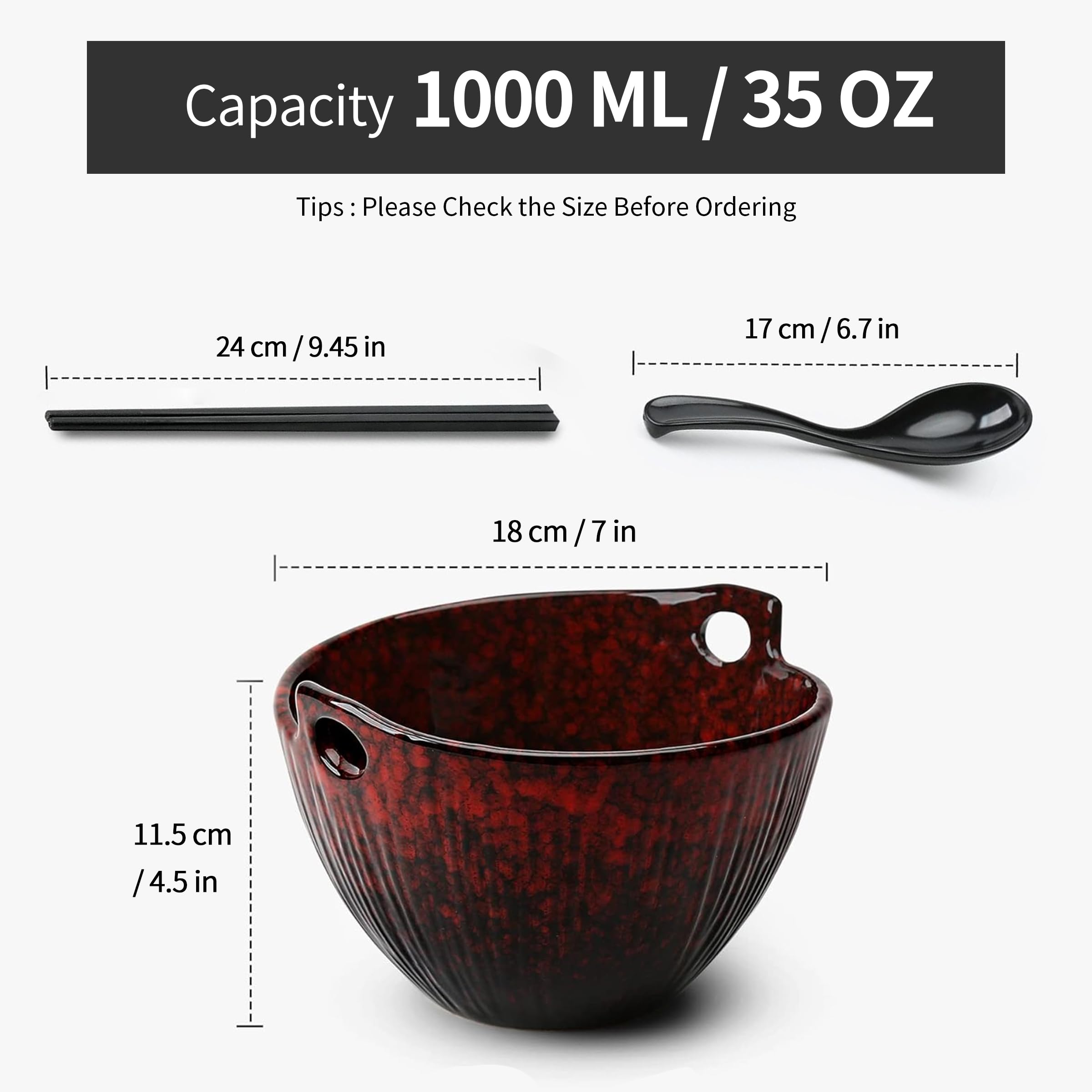 POECER Lot de 2 bols à soupe japonais en céramique avec baguettes et cuillères, passent au micro-ondes et au lave-vaisselle pour pâtes Pho Udon Soba, nouilles, salade, pâtes, cramoisi émaillés
