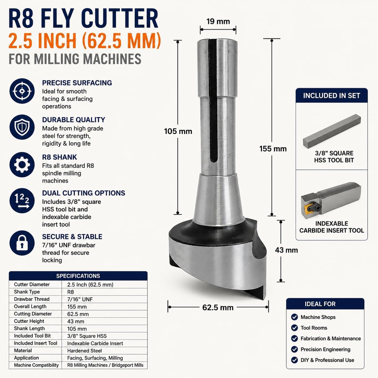 2.5" Fly Cutter with R8 Shank (7/16" UNF Drawbar) for Milling Machines | Includes 3/8" Square HSS Tool Bit & Indexable Carbide Insert Tool | Precision Surface Milling Cutter