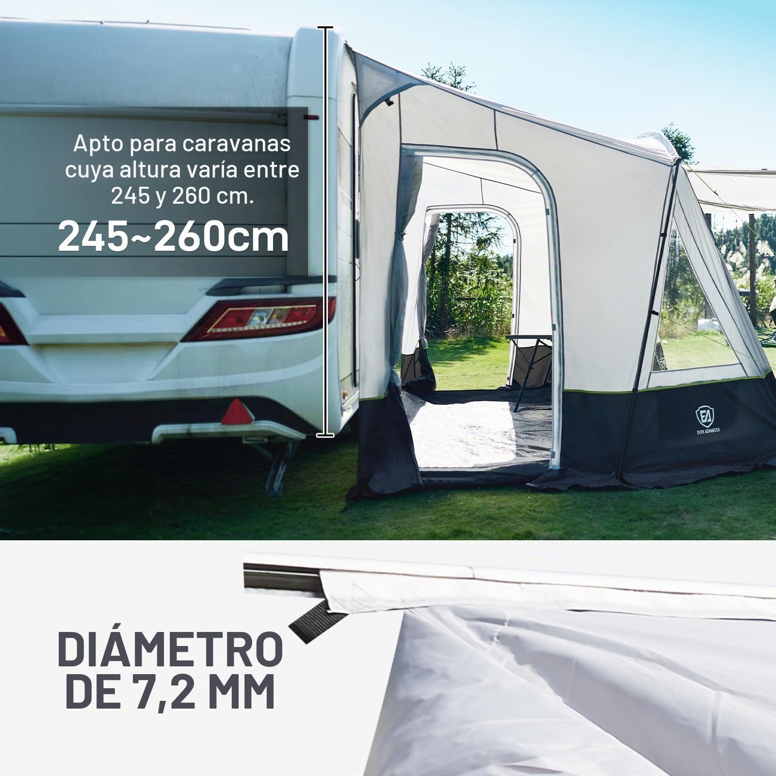 EVER ADVANCED Toldo para caravana 350 x 260 x 245 cm para autocaravana con 2 ventanas, puerta lateral, puerta más grande como techo, toldo de viaje PU 3000 mm resistente al agua, adecuado para viajes