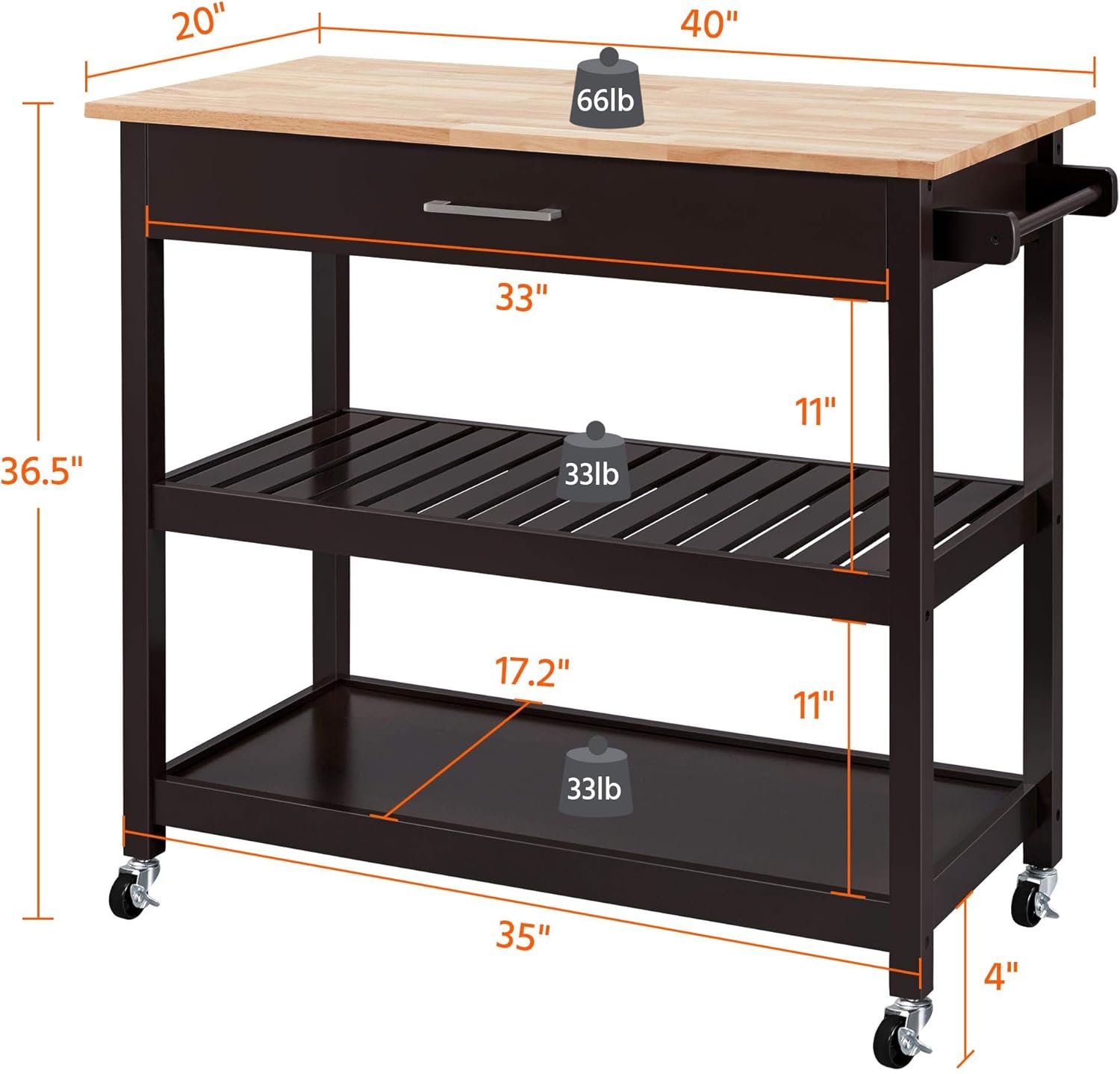Yaheetech Kitchen Island on Wheels, 3 Tier Rolling Microwave Oven Cart Serving Cart with Storage Drawer and Shelves 40’’ W Wood Top, Espresso: Home & Kitchen