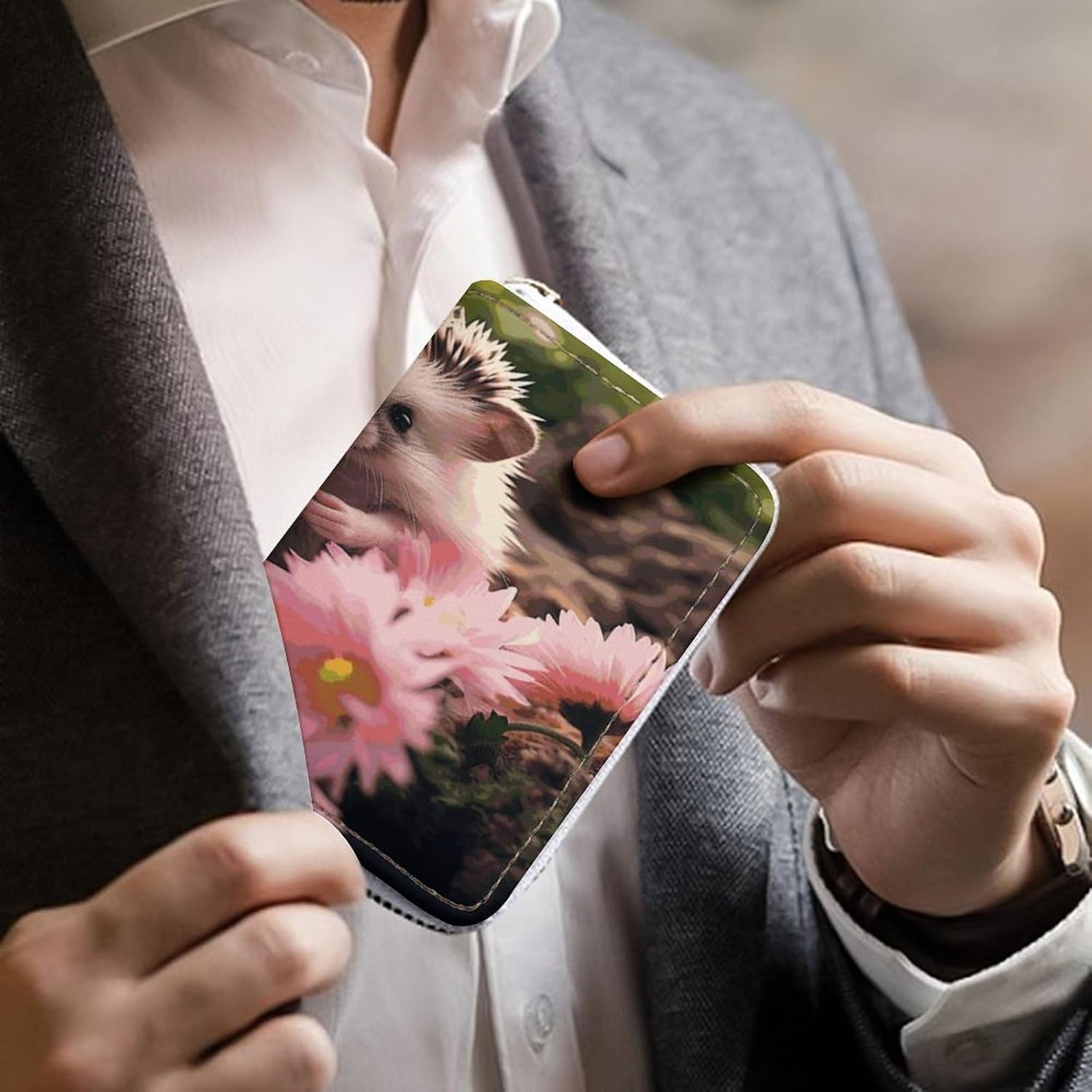 Cute Hedgehog in Flowers Card Holder RFID Blocking,Credit Card Wallet for Women And Men,Card Case Organizer Bag with Zipper