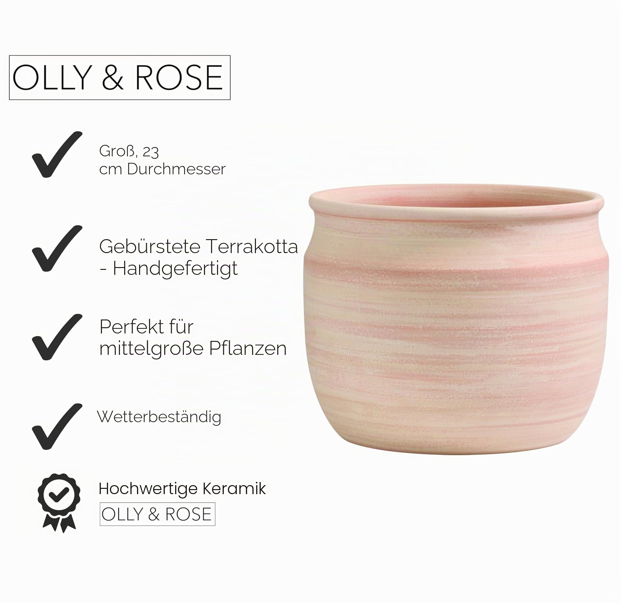 Olly & Rose Keramik Pflanztopf 23cm - Gebürstetes Terrakotta - Blumentopfe Ubertopf für Innen und Außen