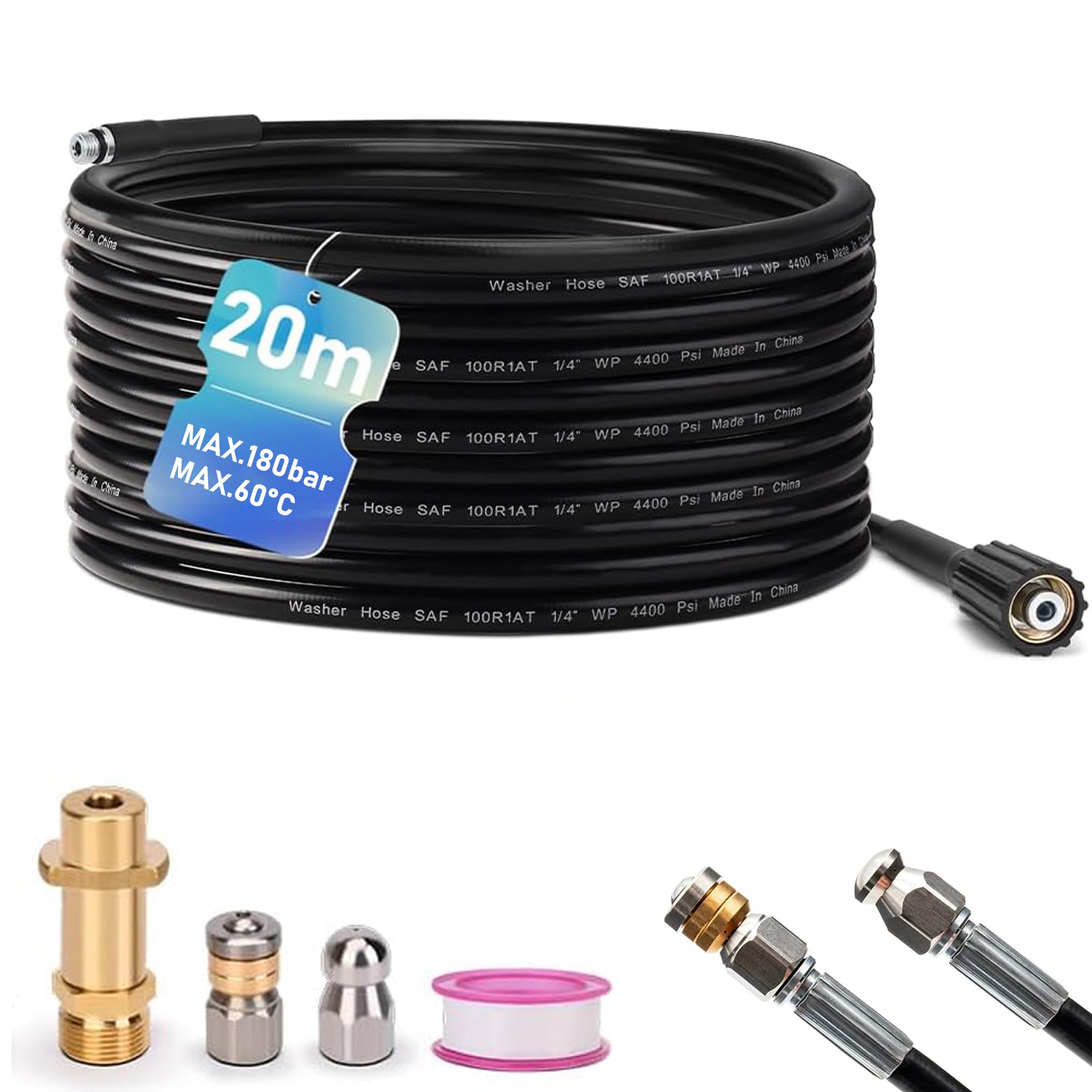 Zestaw węży do czyszczenia rur 20 m, M22, w tym adapter miedziany Karcher, dysza strumieniowa + obrotowa dysza strumieniowa, kompatybilny z K2, K3, K4, K5, K6, K7, uniwersalny zestaw do czyszczenia