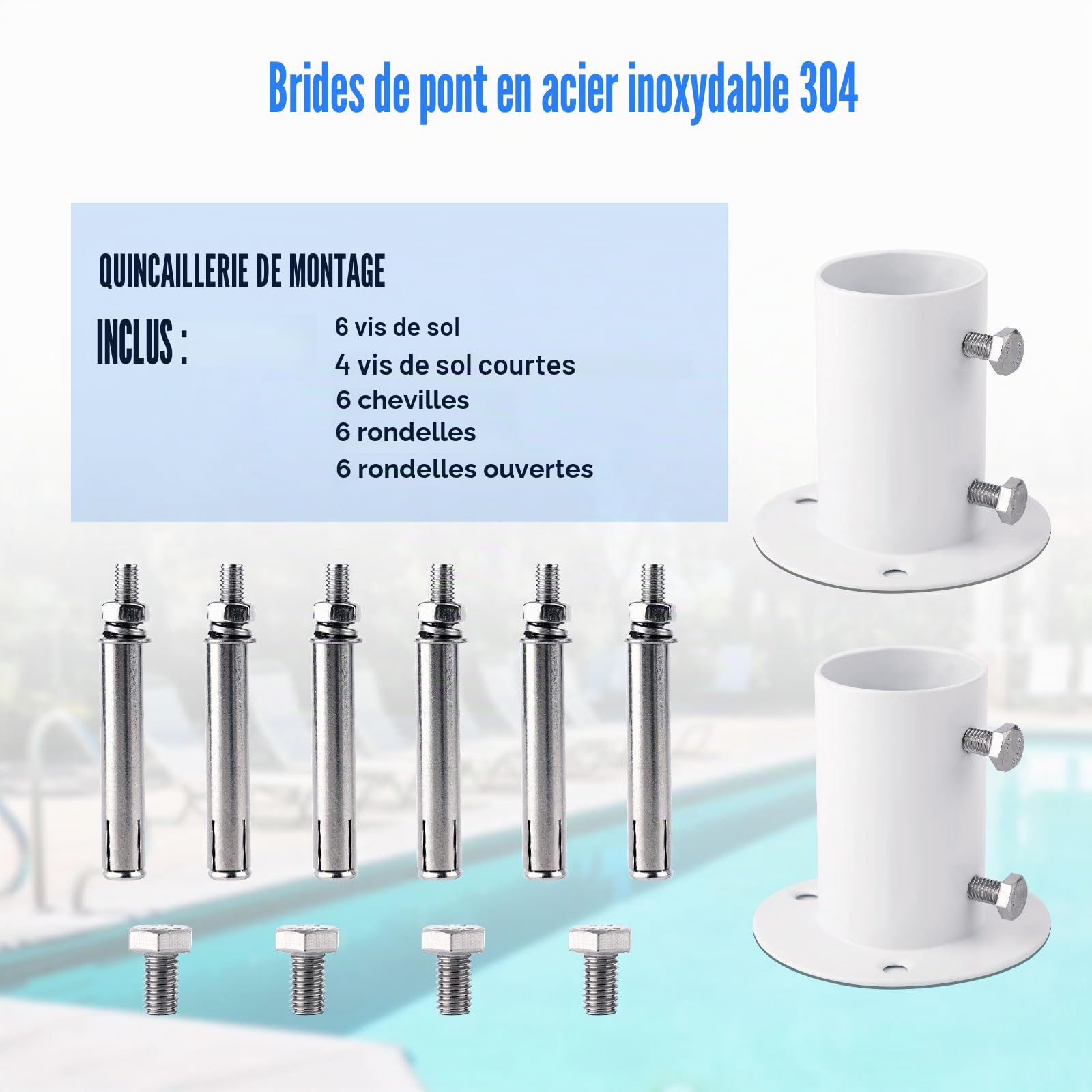 2pcs Brides de Terrasse de Piscine, Acier Inoxydable, Bride de Tige Brides d'Échelle de Piscine pour Échelle de Piscine Hors Sol, Main Courante de Piscine de 3,8cm
