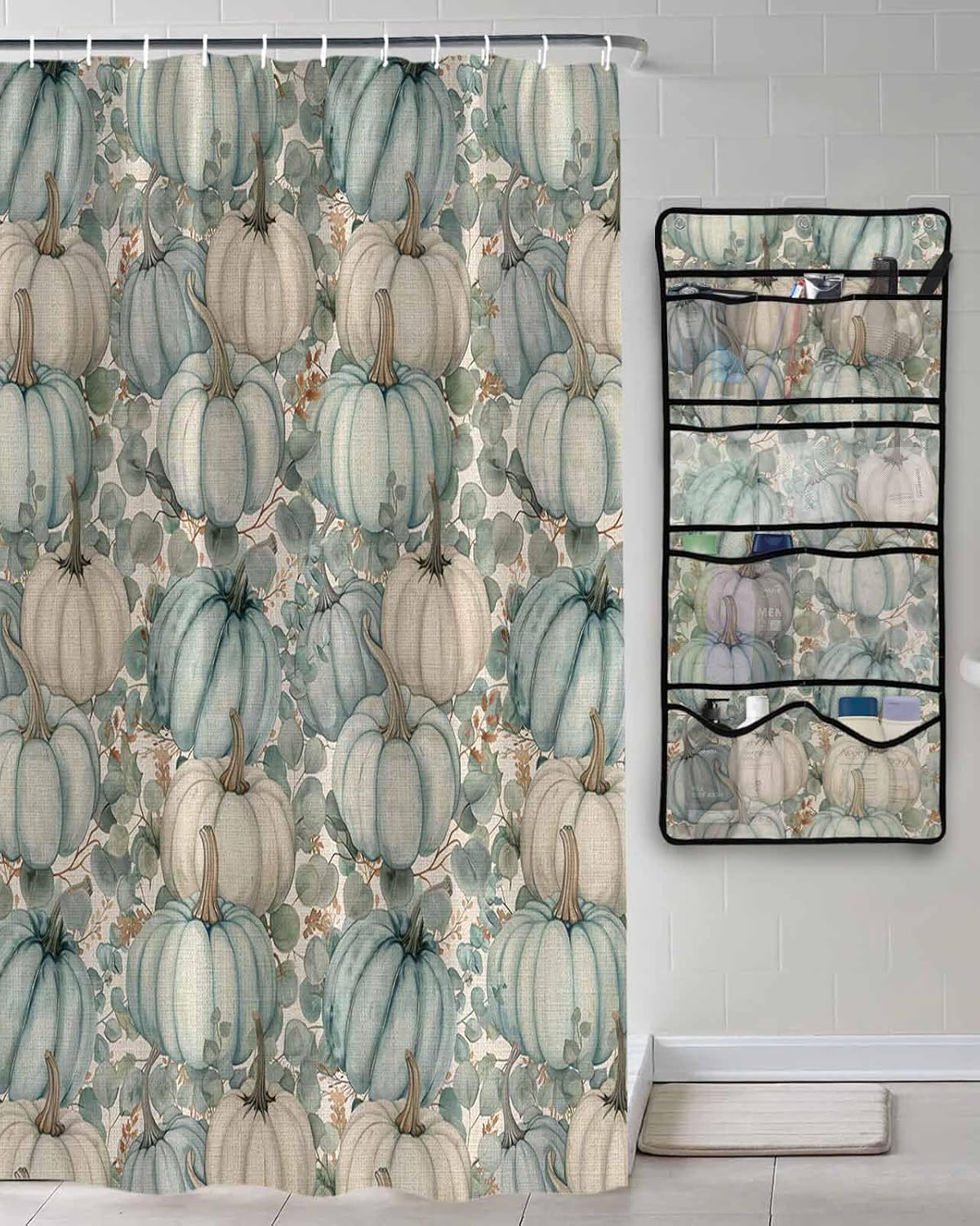 Decorative Shower Curtain Sets Fall Thanksgiving Fabric Shower Curtains Vintage Autumn Blue Pumpkin Eucalyptus Leaves Beige Mesh Shower