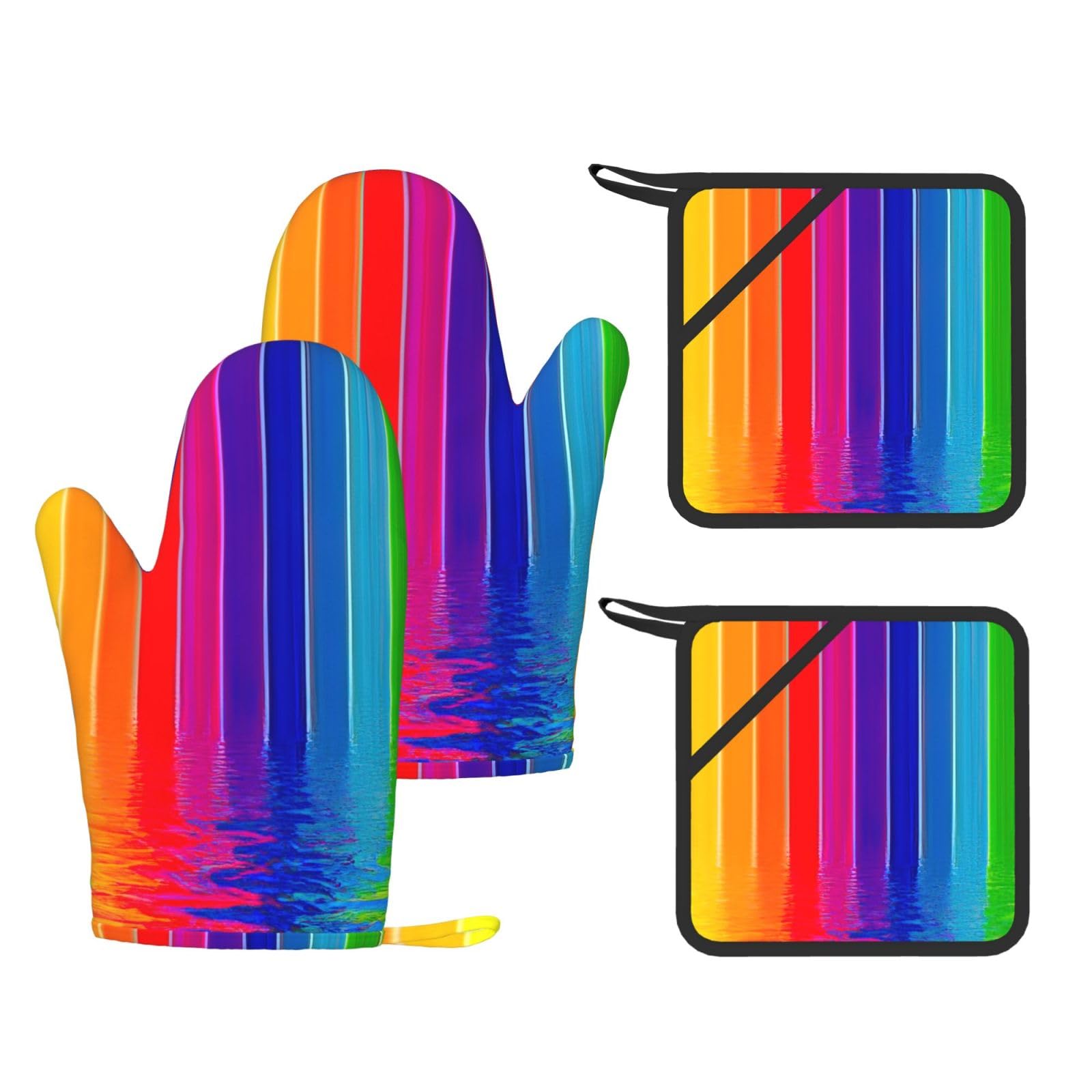 Nimongt Black Rainbow Striped Print Heat Resistant Gloves Pads Reusable Kitchen Set Oven Baking Grilling Cooking