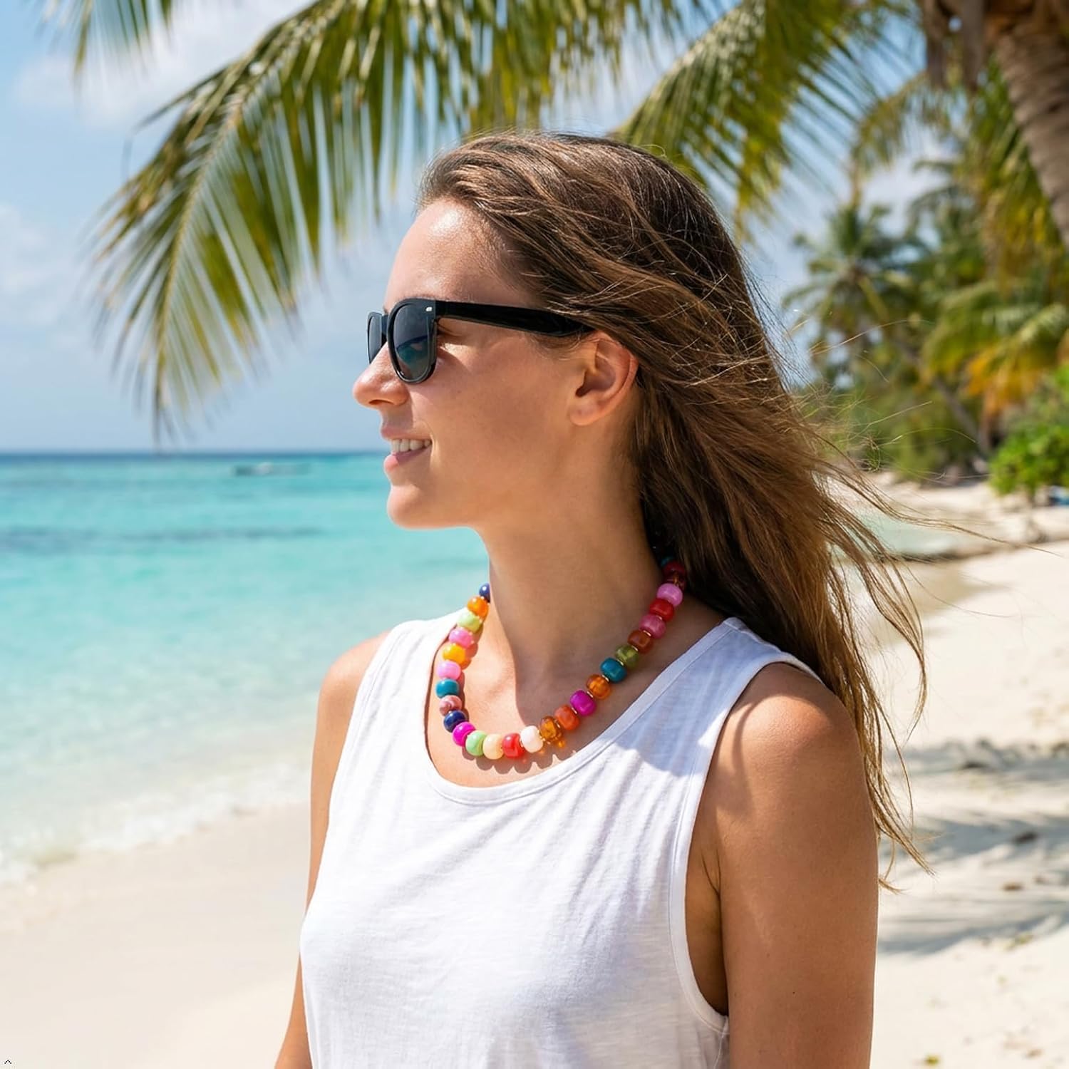 Women's Colorful Beaded Boho Necklace, Resin Bead Choker, Chunky Statement Jewelry for Summer & Vacation