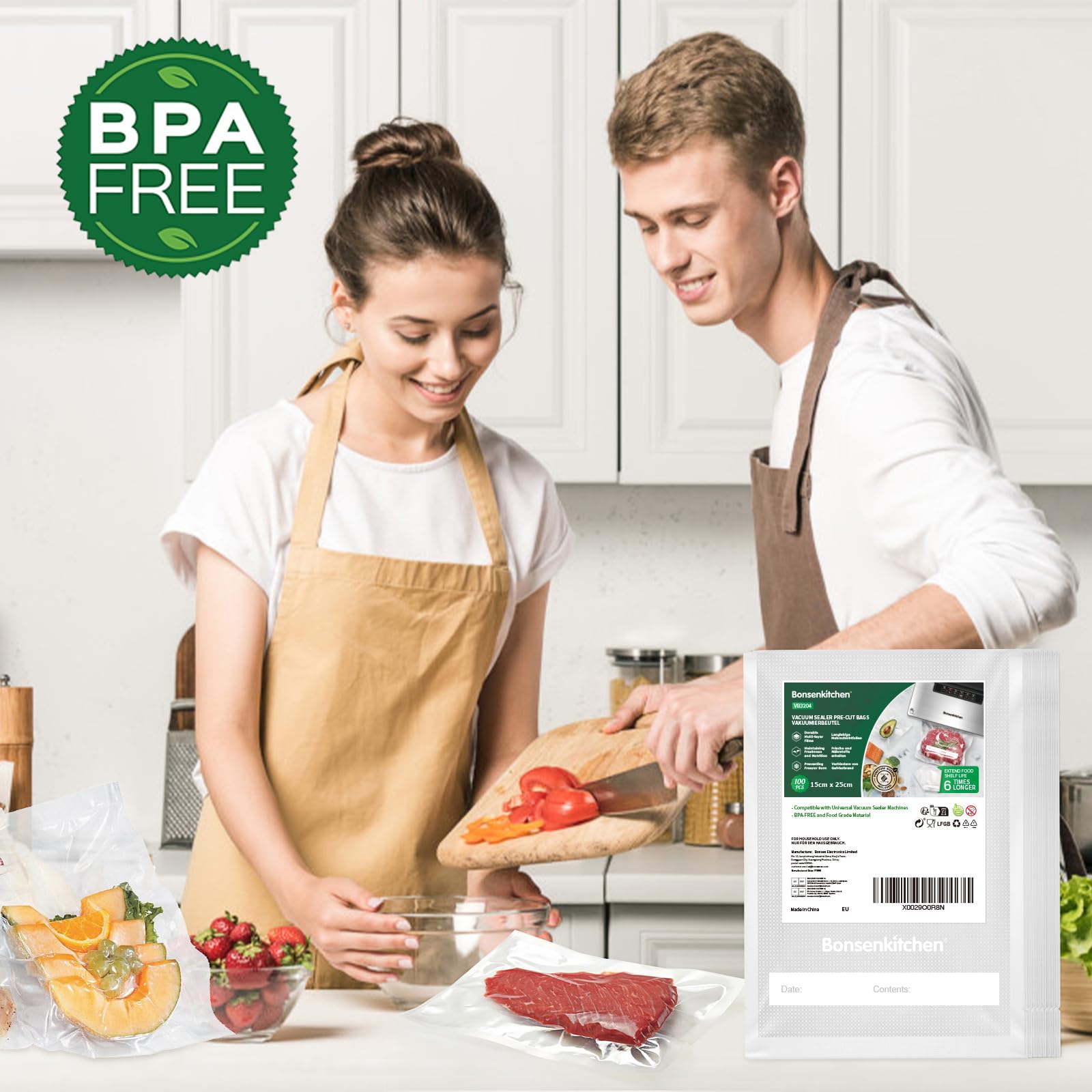 Bonsenkitchen Bolsas de vacío para alimentos 15x25 cm 100 Bolsas para Máquina de Vacío - Bolsas de vacío gofradas para almacenar y cocinar alimentos y hervibles, VB3204 — view 7