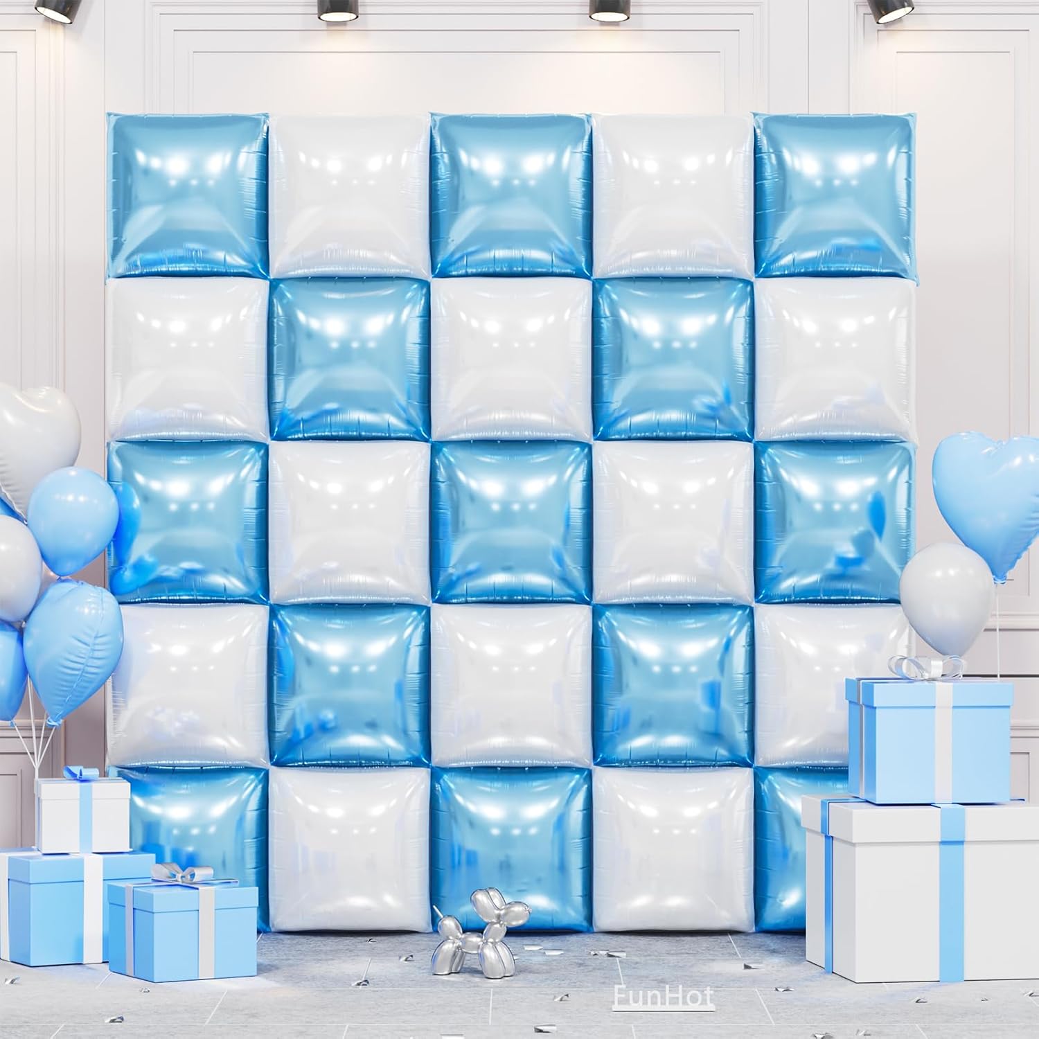 Pearl Blue and White Square Foil Balloon Wall,19 Inches Double Sided Chrome Square Balloons Tunnel Arch Kit for Birthday,Bachelorette,Anniversary,Baby Shower Party Decorations
