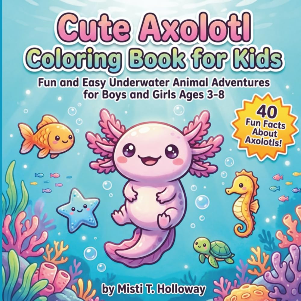 Cute Axolotl Coloring Book for Kids: Fun and Easy Underwater Adventures with 40 Adorable Coloring Pages and 40 Fun Facts About Axolotls for Kids Ages 3–8