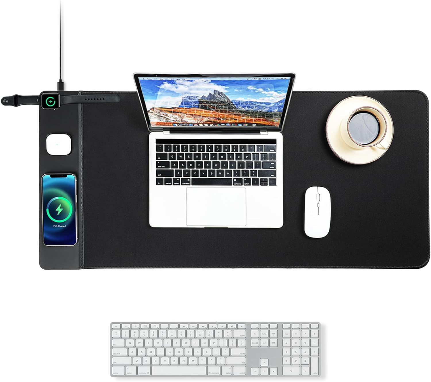 VOVIPO 3 in 1 Wireless Charging Mouse Pad, Desk Mat with Wireless Charger Multiple Devices Compatible with Watch/iPhone/Airpods, Large Desk Mat(80 x 40cm) for MacBook, PC, Laptop-Black