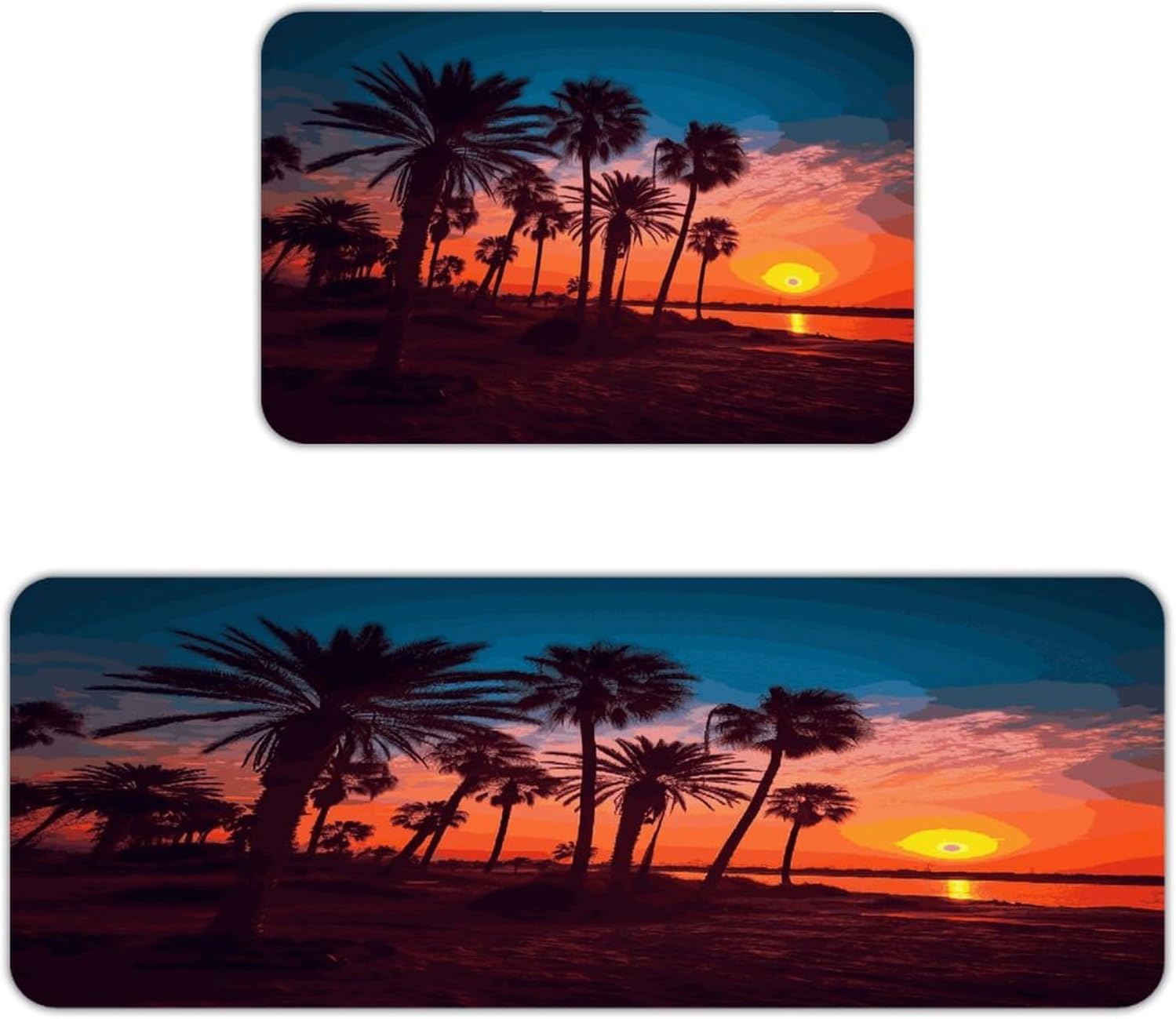 Palm Tree Sunset Kitchen Mats for Floor 2PCS Waterproof Non-Slip Kitchen Rugs Cushioned Anti-Fatigue Mat Heavy Duty Floor Mats Comfort Standing Mat for Kitchen Home Office Laundry