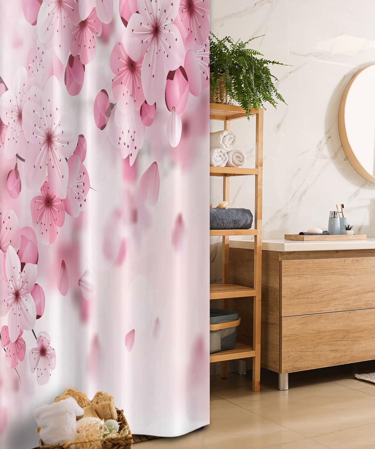 Ambesonne Floral Stall Shower Curtain, Japanese Sakura Flowers Blossoms Eastern Spring Nature Theme Illustration, Fabric Bathroom Decor Set with Hooks, 36" W x 72" L, Pale Pink Pale Pink