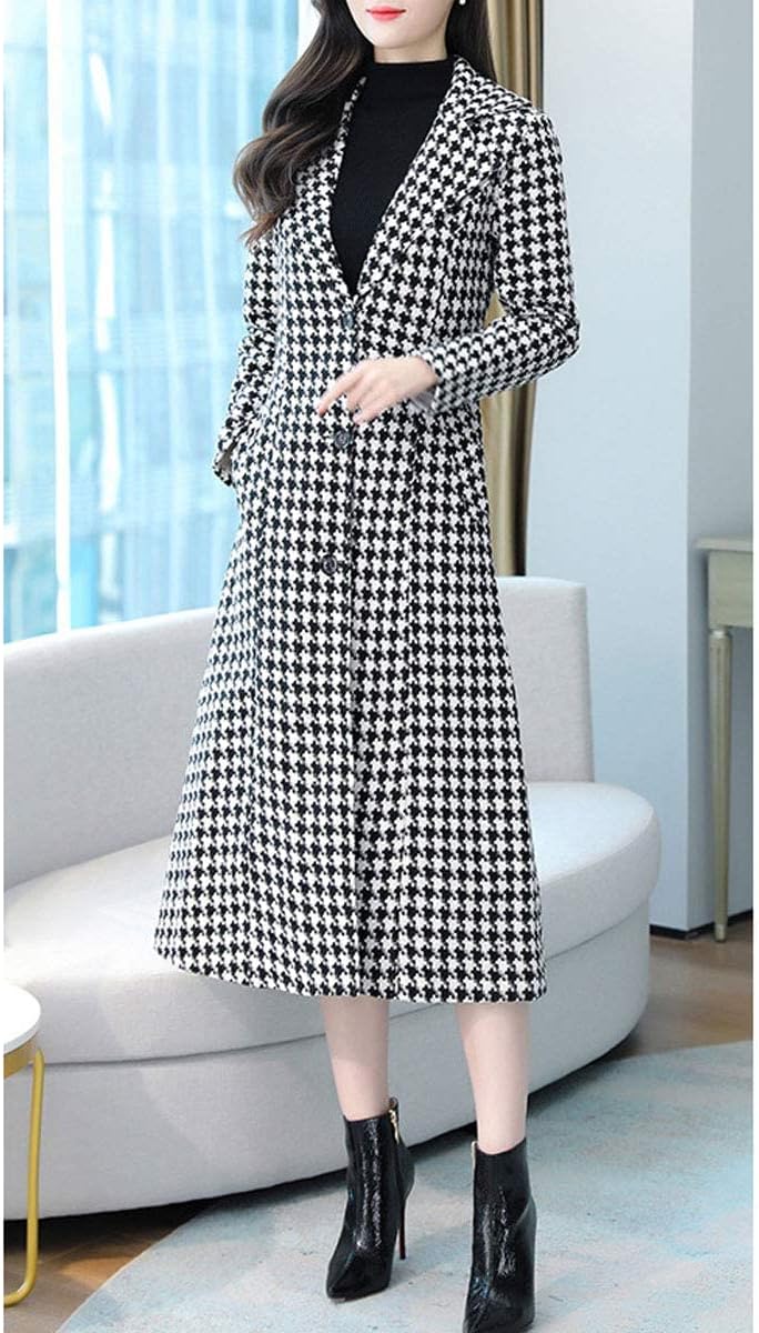 ebossy Women's Houndstooth Trench Coat Winter Single Breasted Quilt-Lined Long Coat - Image 3
