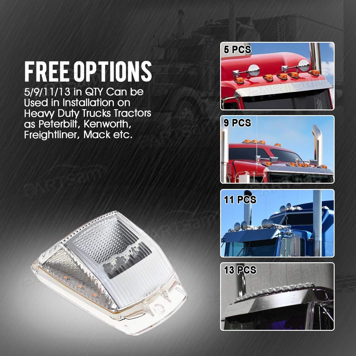 Partsam 5pcs 17 LED Clear Lens 5 * 3.75" Amber Cab Marker Top Roof Running Truck Cab Light Waterproof Top Reflective Lights Compatible with Peterbilt/Kenworth/Freightliner/Mack/