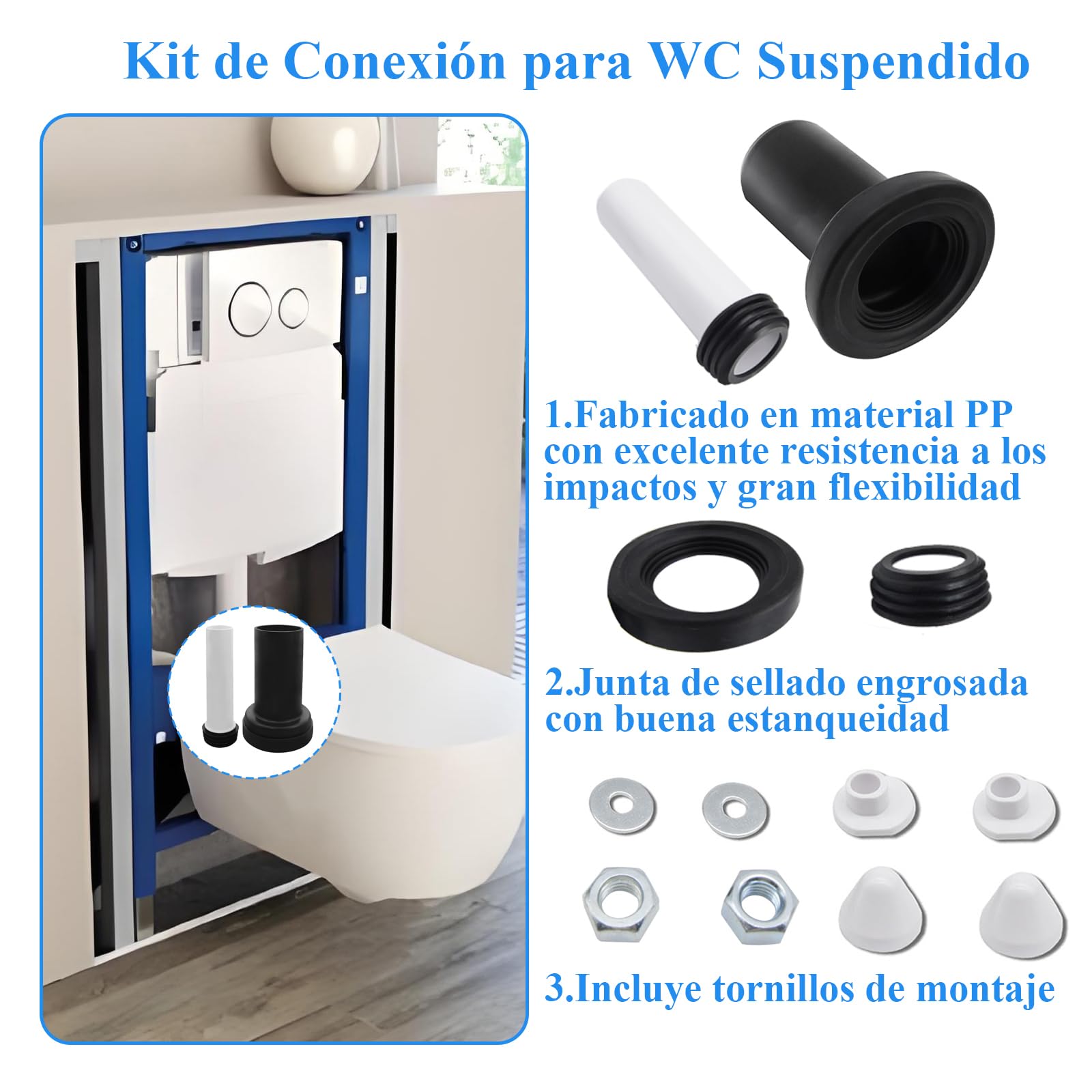 Kit de conexión para inodoro suspendido, compatible con Geberit 152.426.46.1, que incluye tubo de evacuación y tubo de llenado, con sello y componentes de fijación.